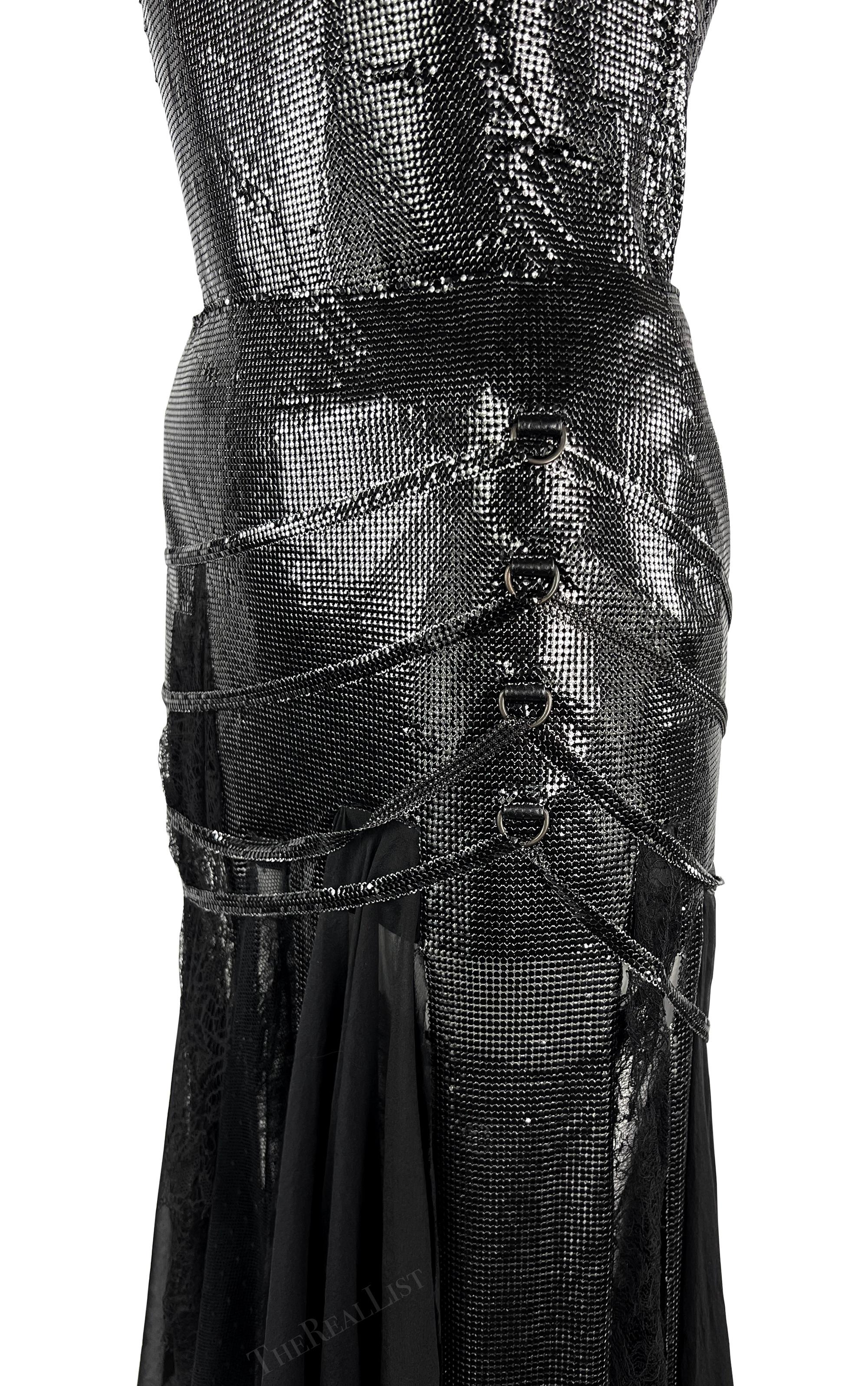 F/W 2003 Versace by Donatella Runway Black Oroton Metal Chiffon Lace Skirt Set For Sale 12