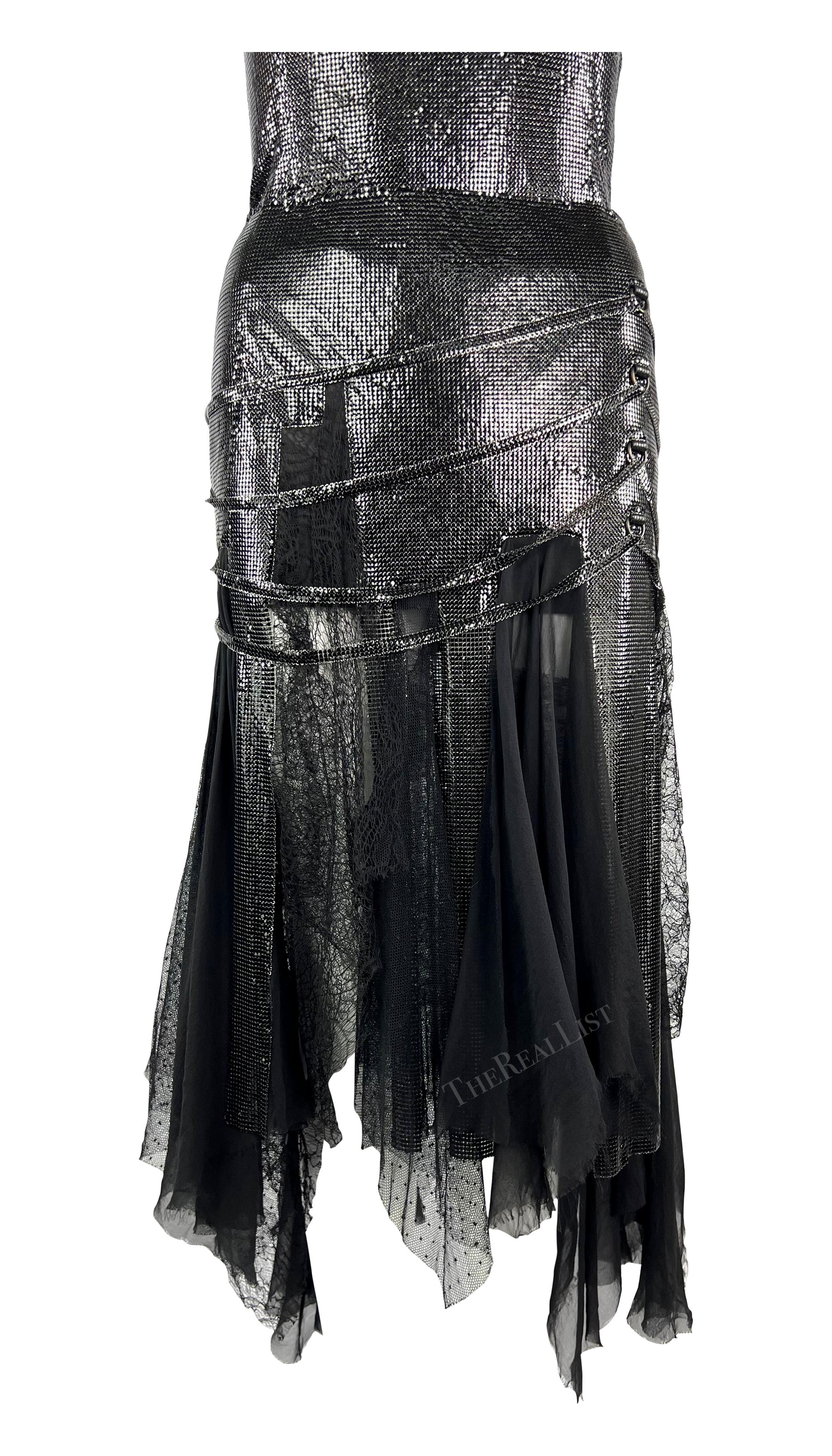 Women's F/W 2003 Versace by Donatella Runway Black Oroton Metal Chiffon Lace Skirt Set For Sale