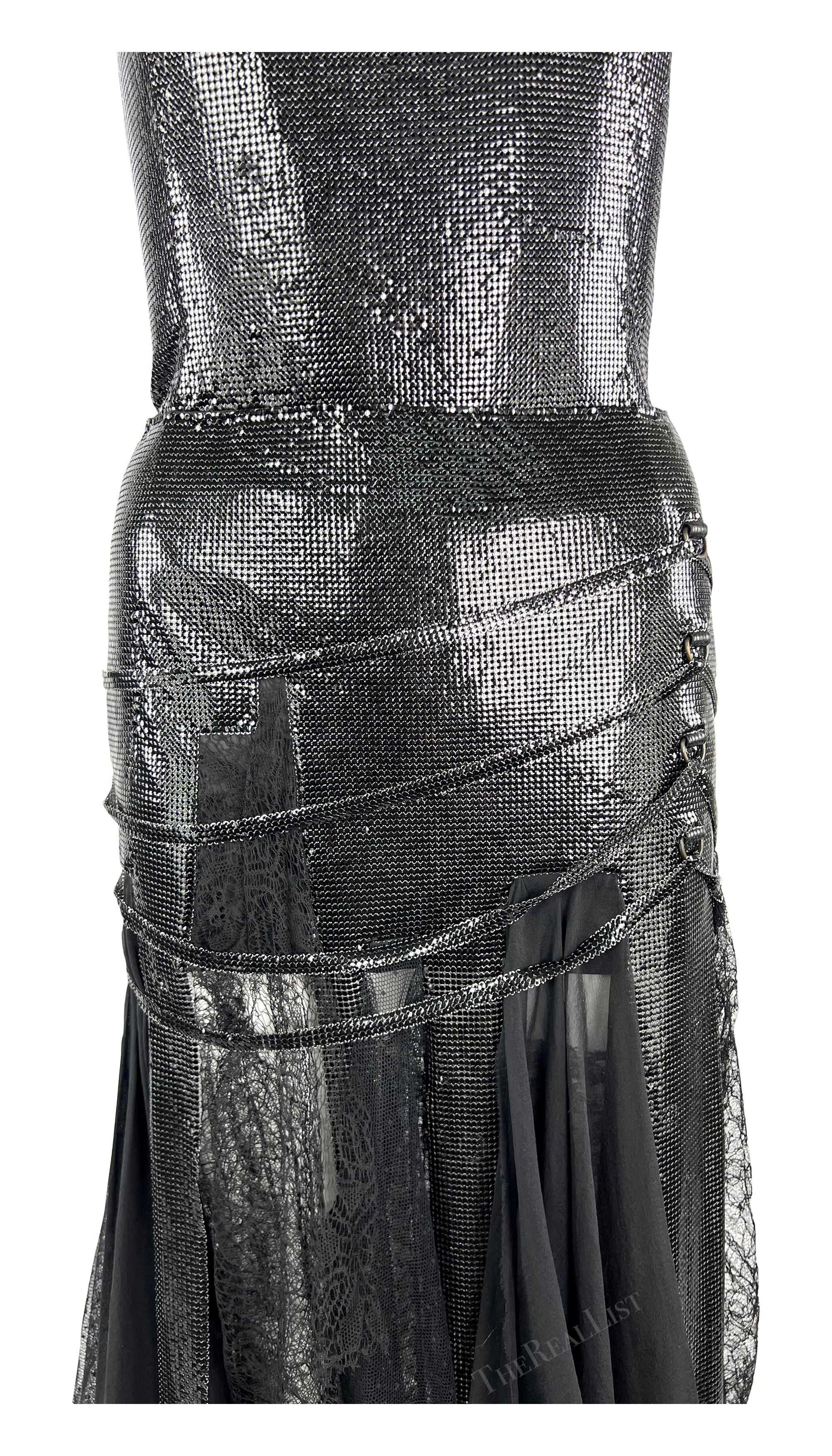 F/W 2003 Versace by Donatella Runway Black Oroton Metal Chiffon Lace Skirt Set For Sale 3