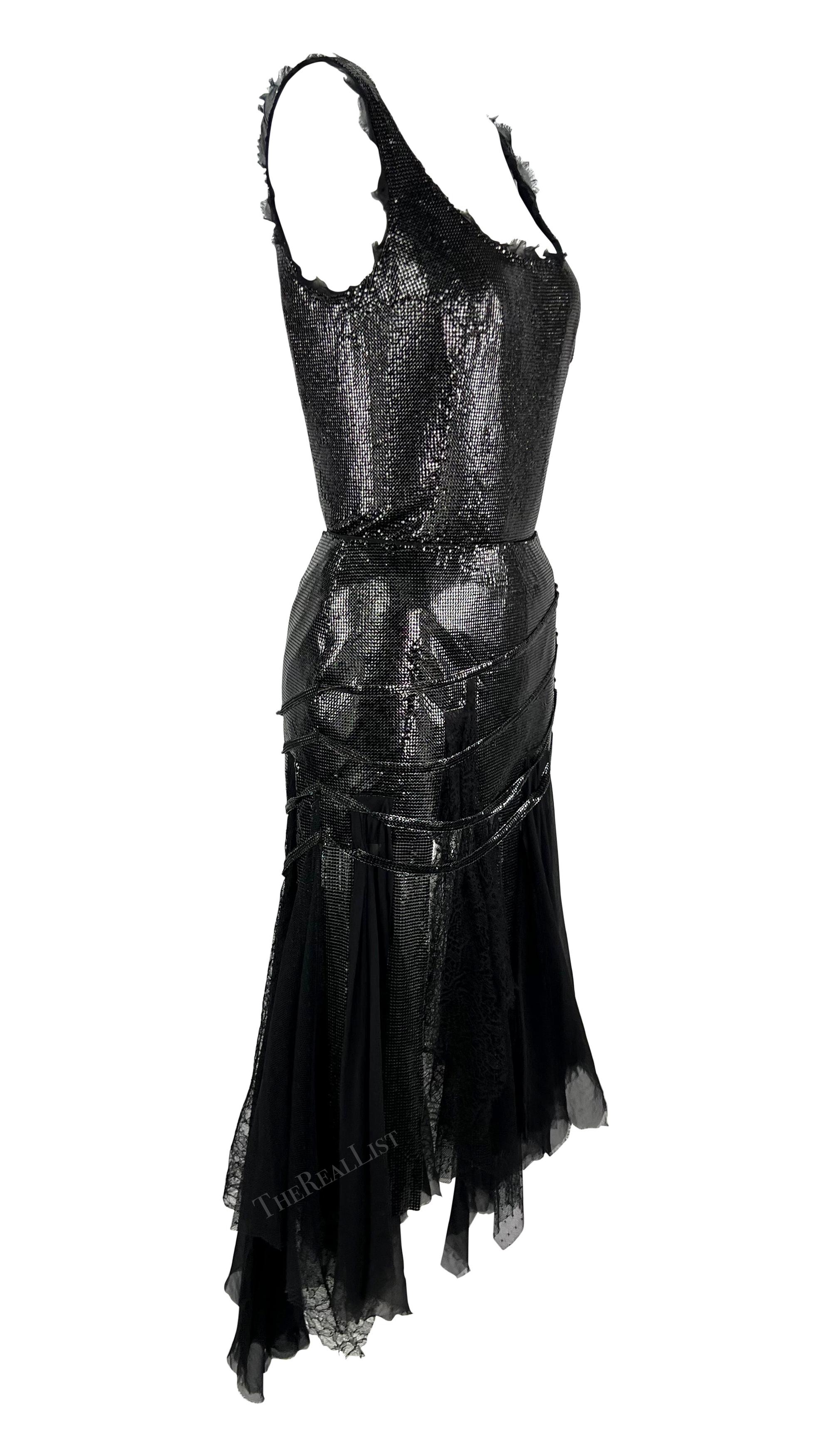 F/W 2003 Versace by Donatella Runway Black Oroton Metal Chiffon Lace Skirt Set For Sale 4