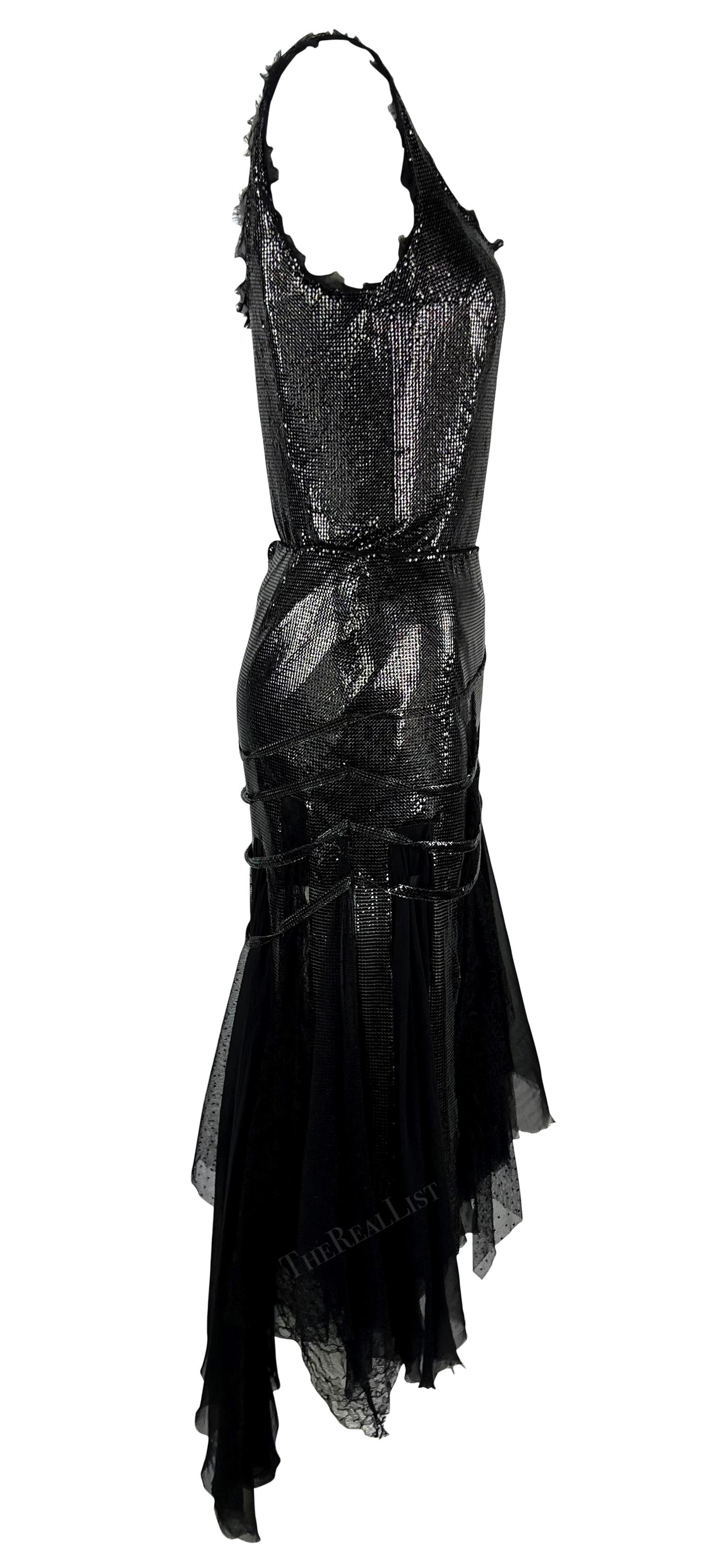 F/W 2003 Versace by Donatella Runway Black Oroton Metal Chiffon Lace Skirt Set For Sale 5