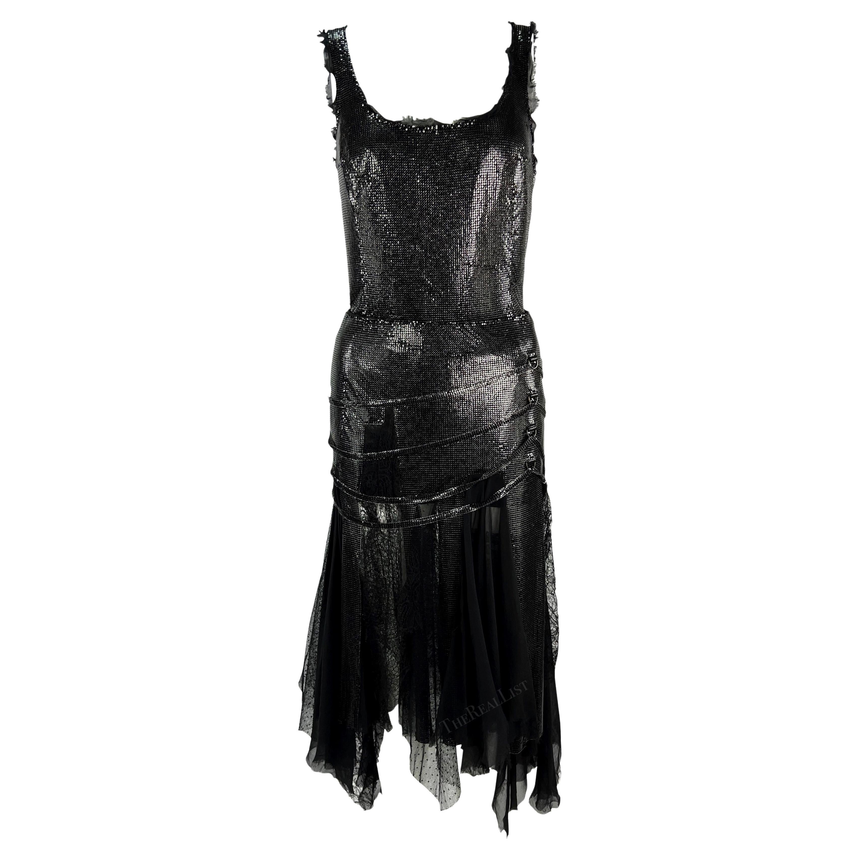 F/W 2003 Versace by Donatella Runway Black Oroton Metal Chiffon Lace Skirt Set For Sale 13
