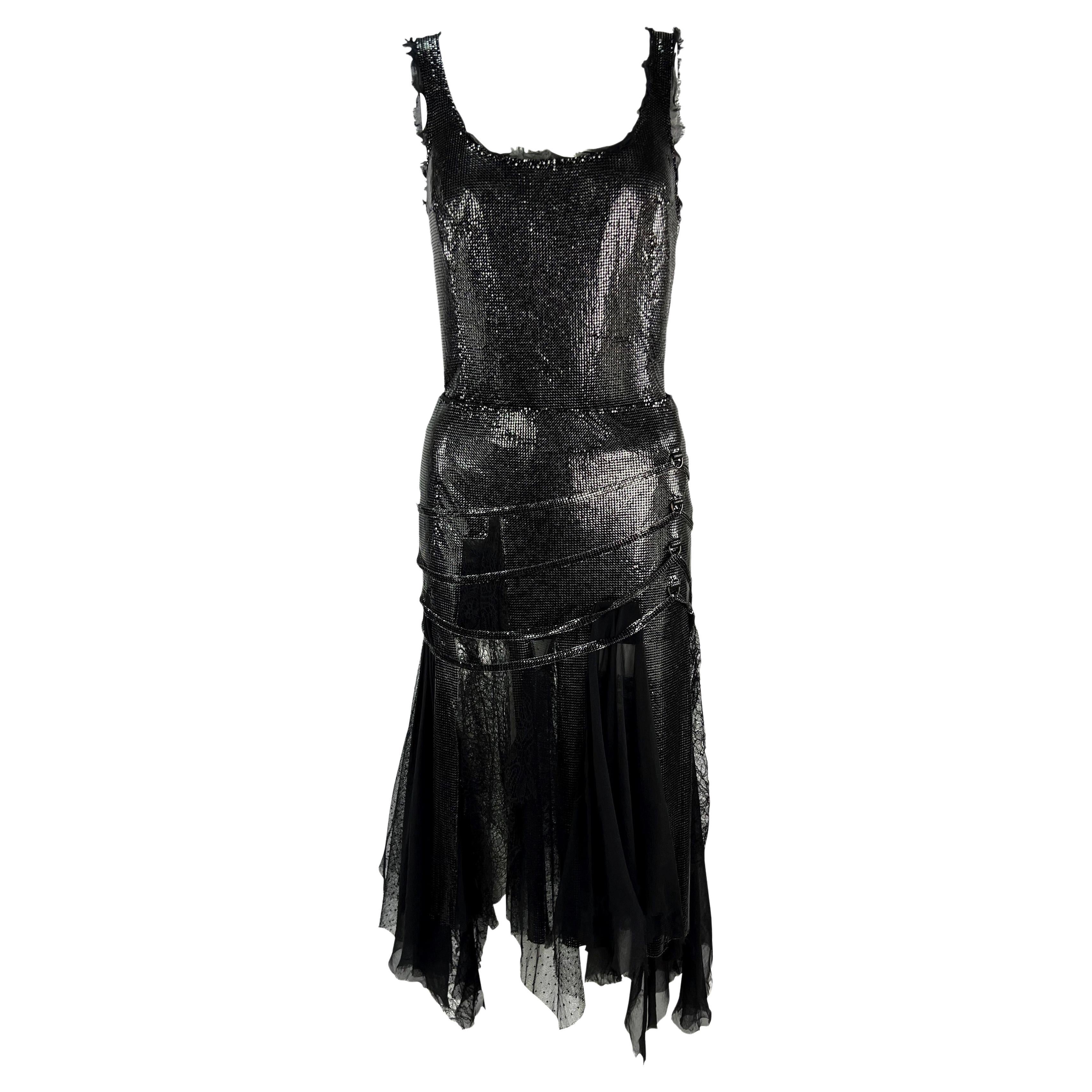 F/W 2003 Versace by Donatella Runway Black Oroton Metal Chiffon Lace Skirt Set For Sale