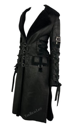 F/W 2003 Versace by Donatella Runway Black Shearling Lace up Trench Coat