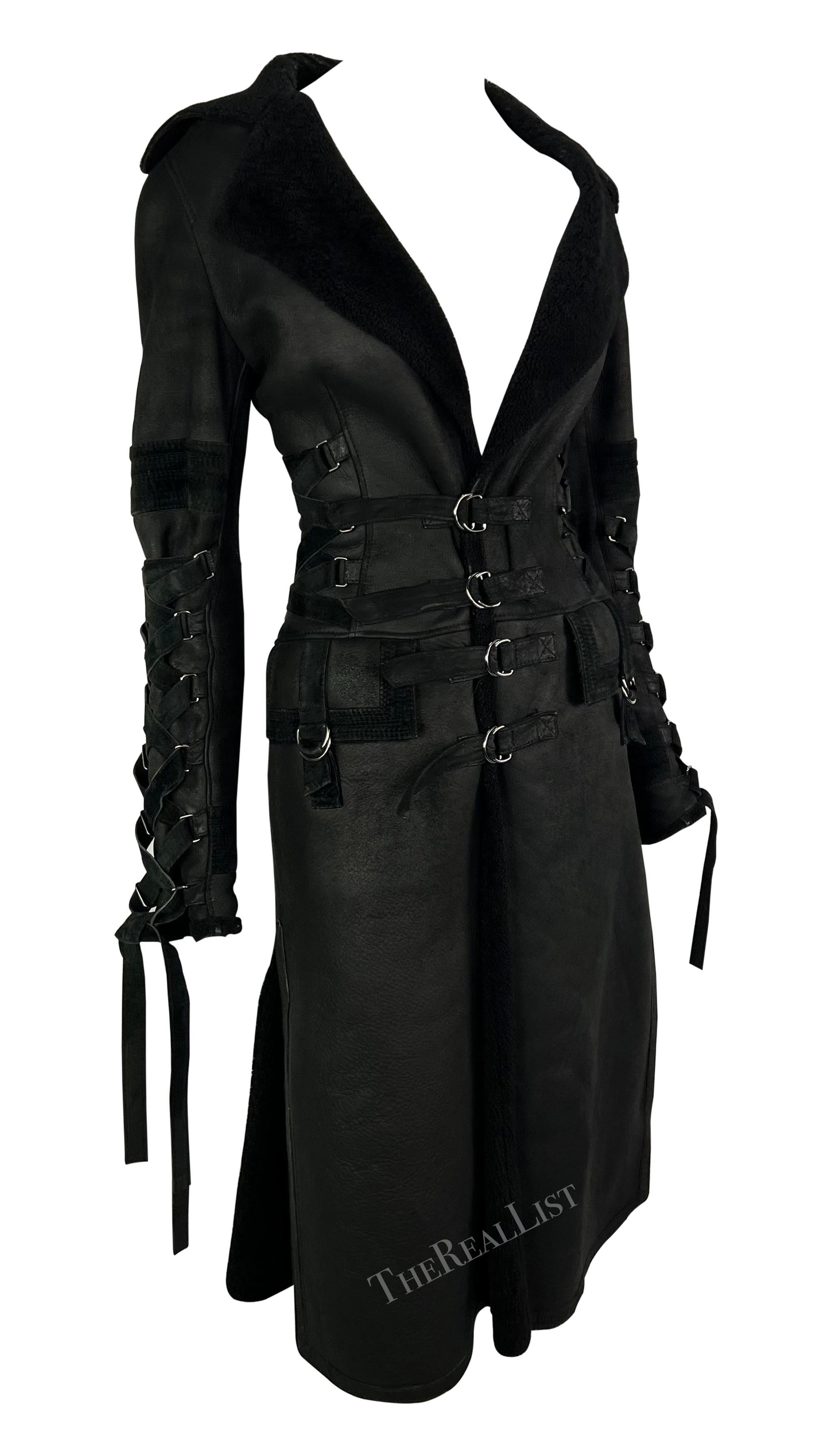 F/W 2003 Versace by Donatella Runway Black Shearling Lace up Trench Coat For Sale 5