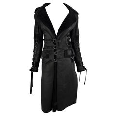 Vintage F/W 2003 Versace by Donatella Runway Black Shearling Lace up Trench Coat