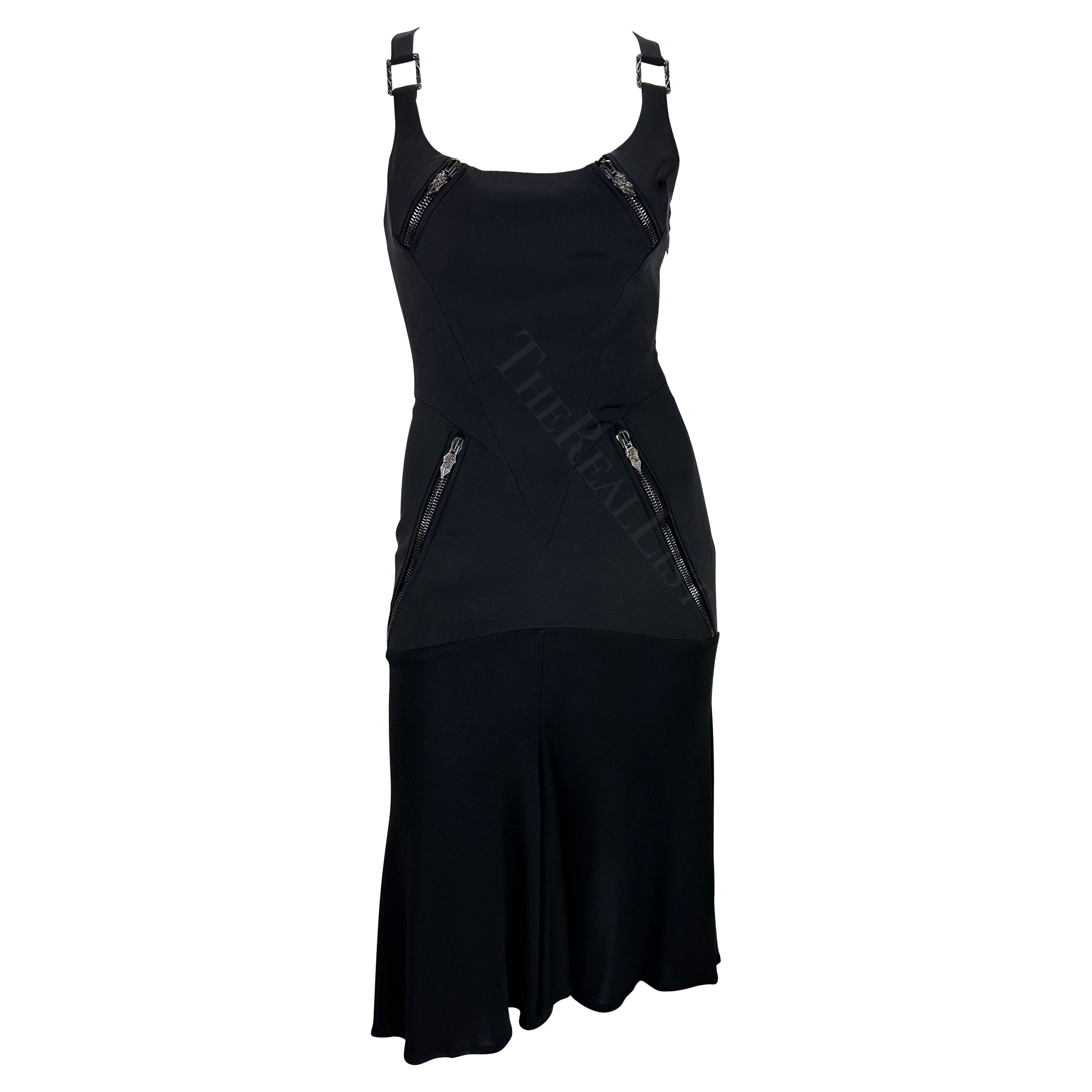 F/W 2003 Versace by Donatella Runway Black Zipper Strap Flare Runway Dress For Sale