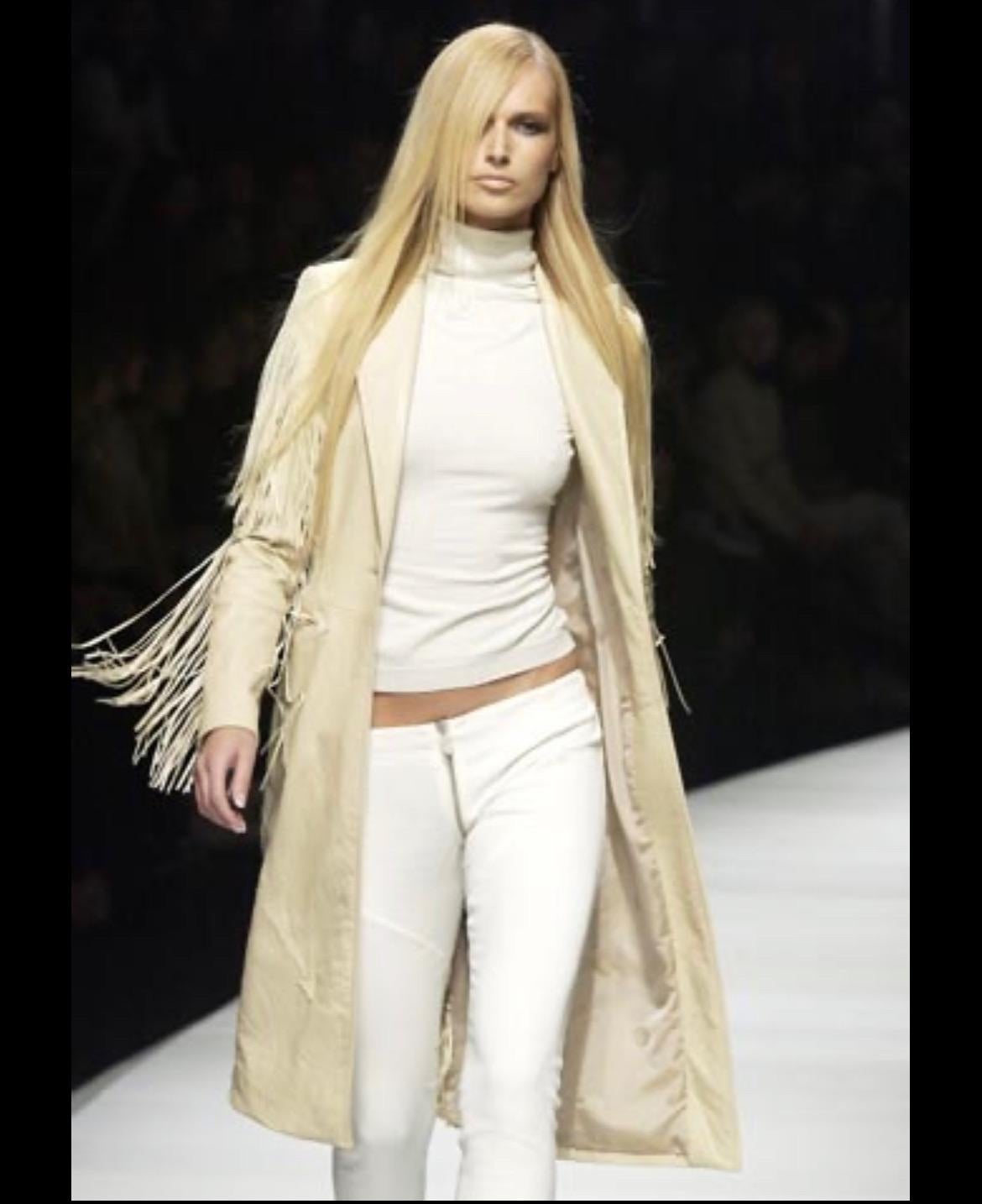 Beige F/W 2003 Versace by Donatella Western Fringe Suede Wrinkled Leather Coat For Sale
