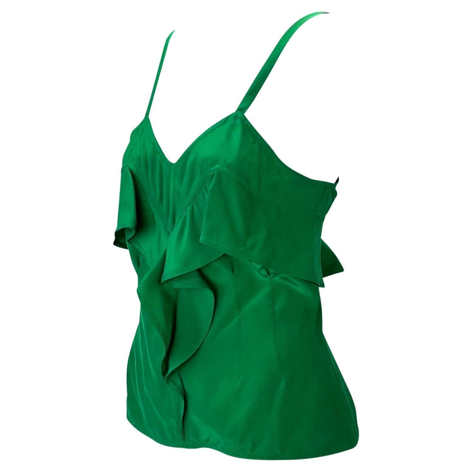 Verde Canotta con volant in seta verde smeraldo di Tom Ford for Yves Saint Laurent A/I 2003 in vendita