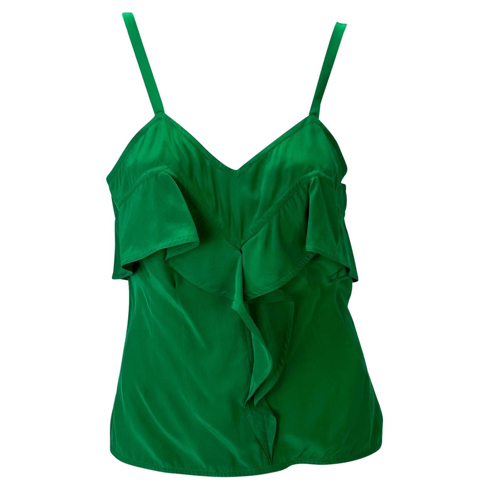 F/W 2003 Yves Saint Laurent by Tom Ford Emerald Green Silk Ruffle Tank Top For Sale