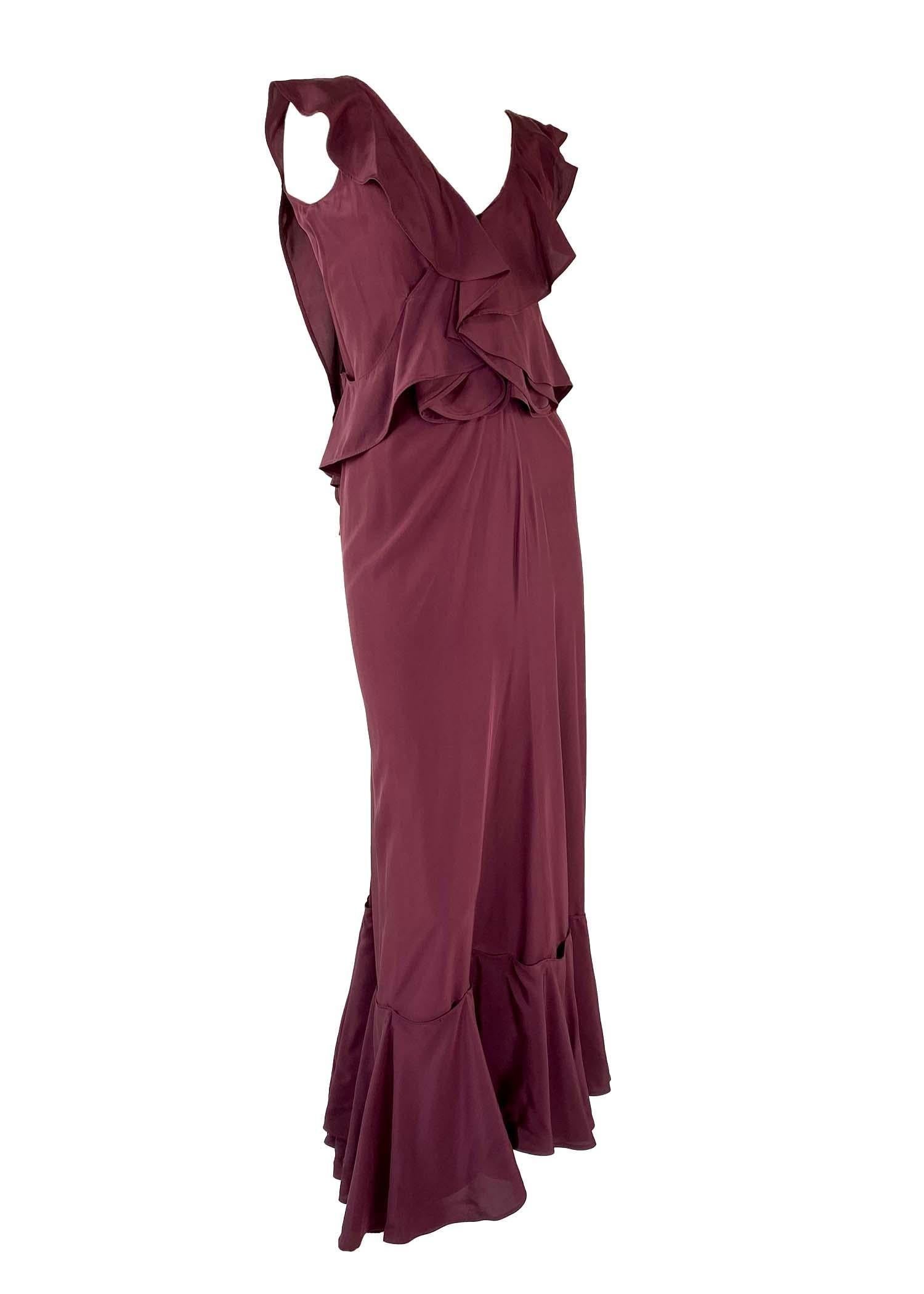 Marrone A/I 2003 Yves Saint Laurent by Tom Ford Abito in seta marrone con volant Rive Gauche in vendita