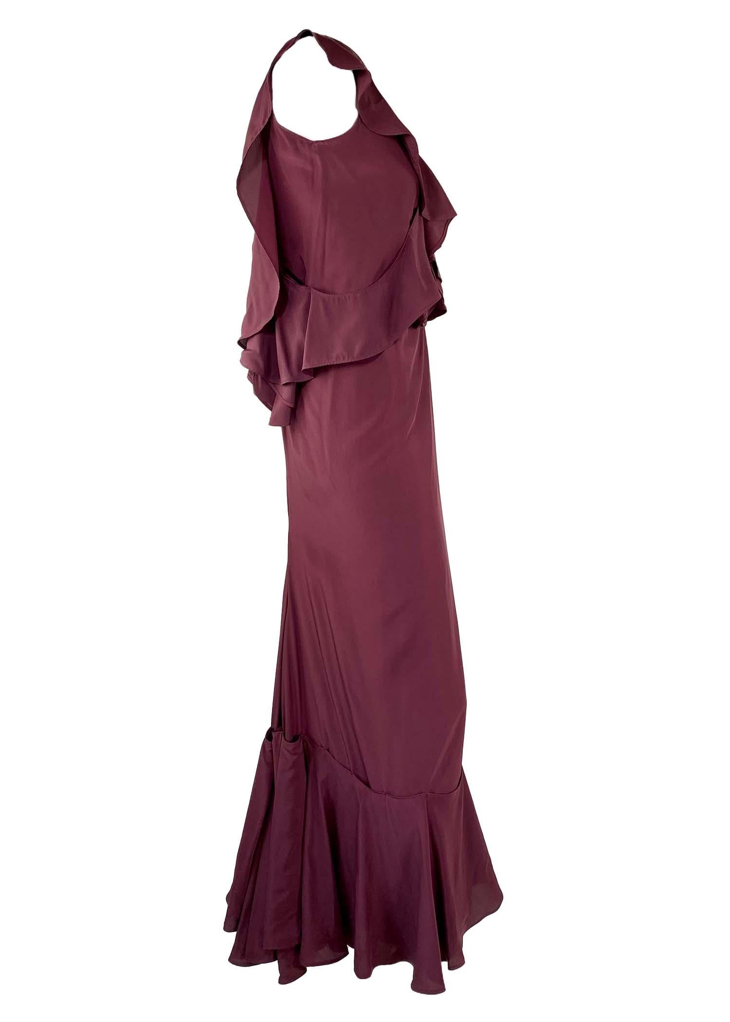Brown F/W 2003 Yves Saint Laurent by Tom Ford Maroon Silk Ruffle Rive Gauche Gown For Sale
