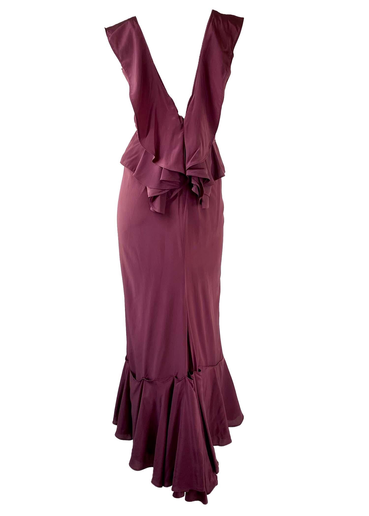 F/W 2003 Yves Saint Laurent by Tom Ford Maroon Silk Ruffle Rive Gauche Gown In Excellent Condition For Sale In West Hollywood, CA