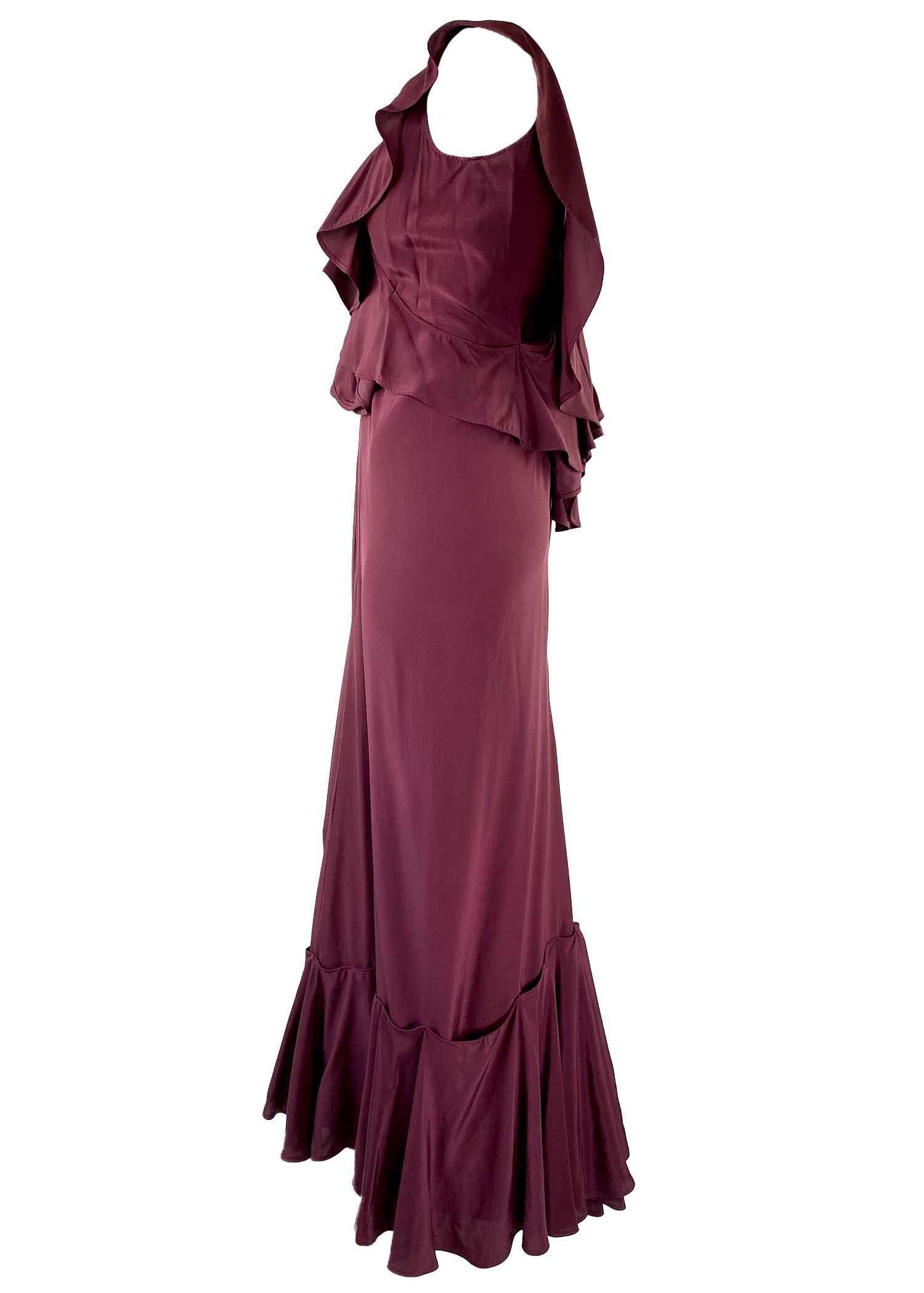 Women's F/W 2003 Yves Saint Laurent by Tom Ford Maroon Silk Ruffle Rive Gauche Gown For Sale