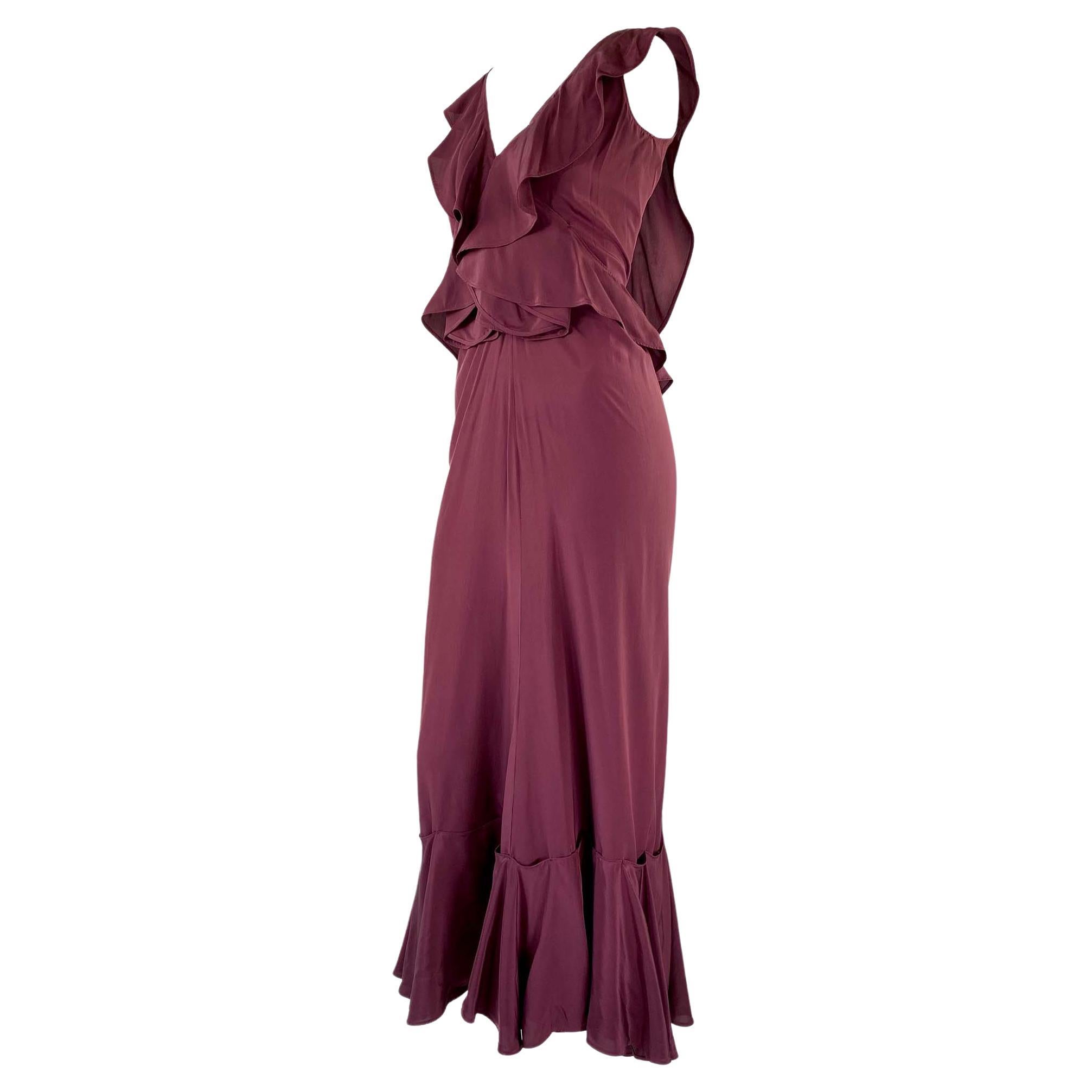 F/W 2003 Yves Saint Laurent by Tom Ford Maroon Silk Ruffle Rive Gauche Gown For Sale