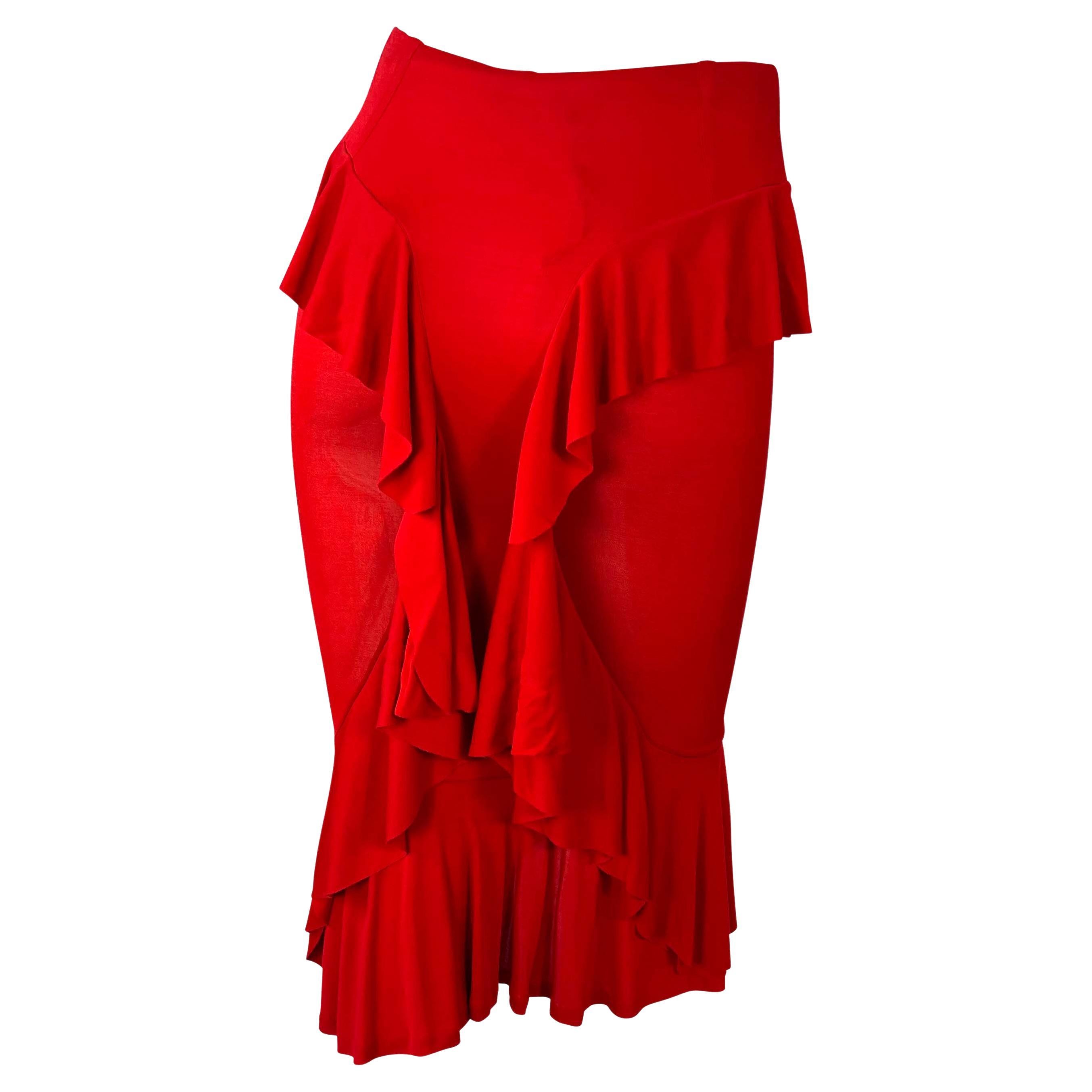 F/W 2003 Yves Saint Laurent by Tom Ford Red Stretch Sheer Ruffle Skirt In Excellent Condition For Sale In West Hollywood, CA