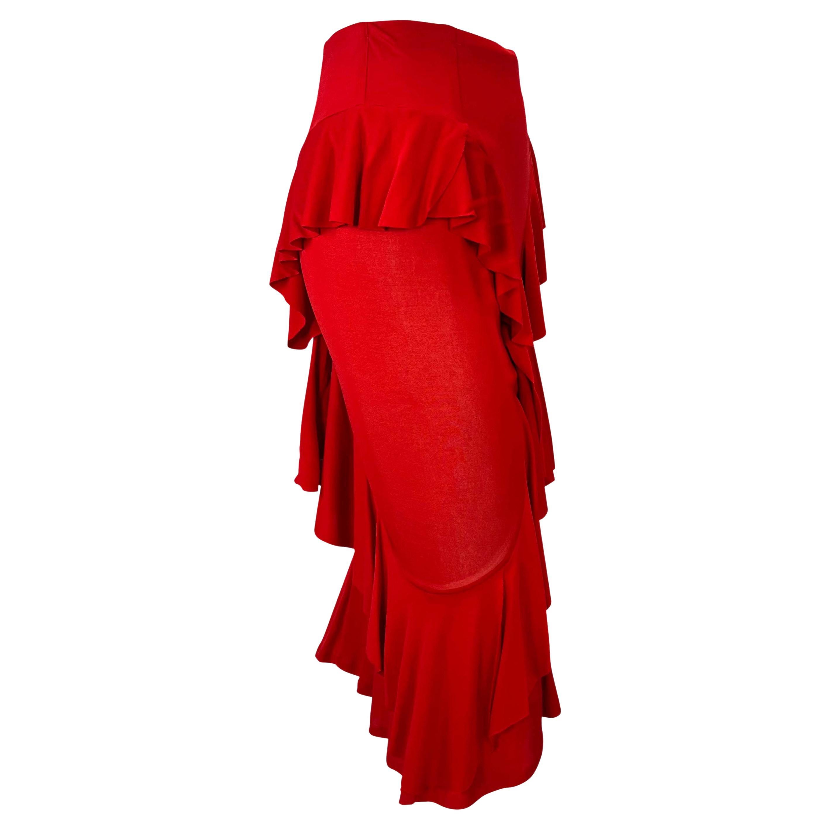 Women's F/W 2003 Yves Saint Laurent by Tom Ford Red Stretch Sheer Ruffle Skirt For Sale