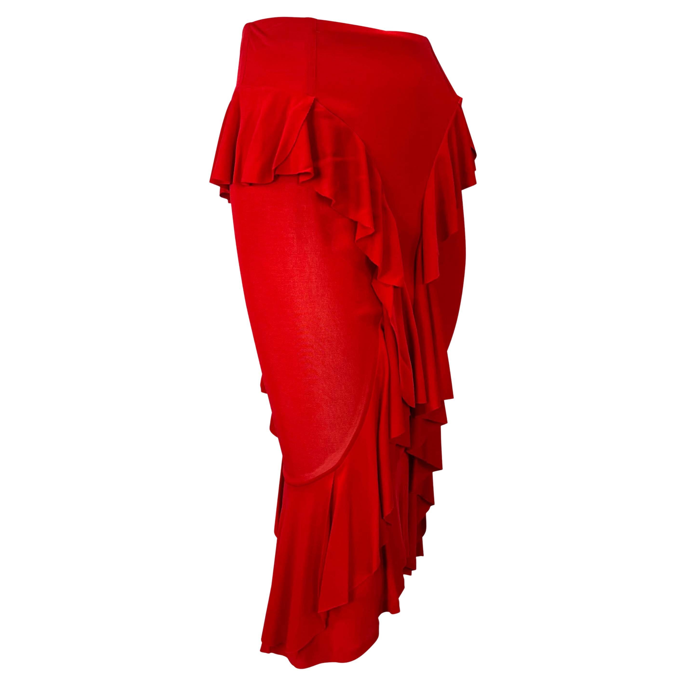 F/W 2003 Yves Saint Laurent by Tom Ford Red Stretch Sheer Ruffle Skirt For Sale 1
