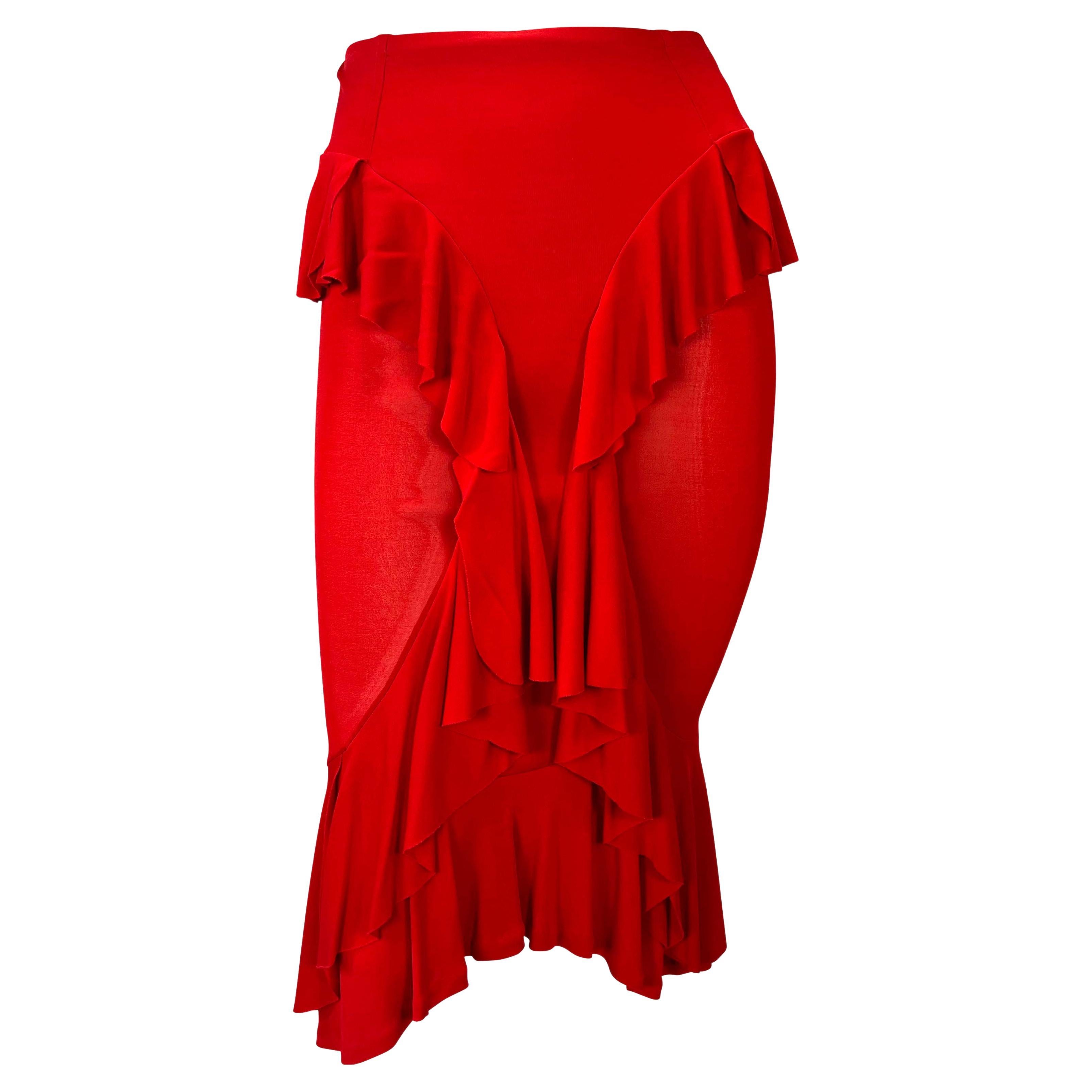 F/W 2003 Yves Saint Laurent by Tom Ford Red Stretch Sheer Ruffle Skirt For Sale