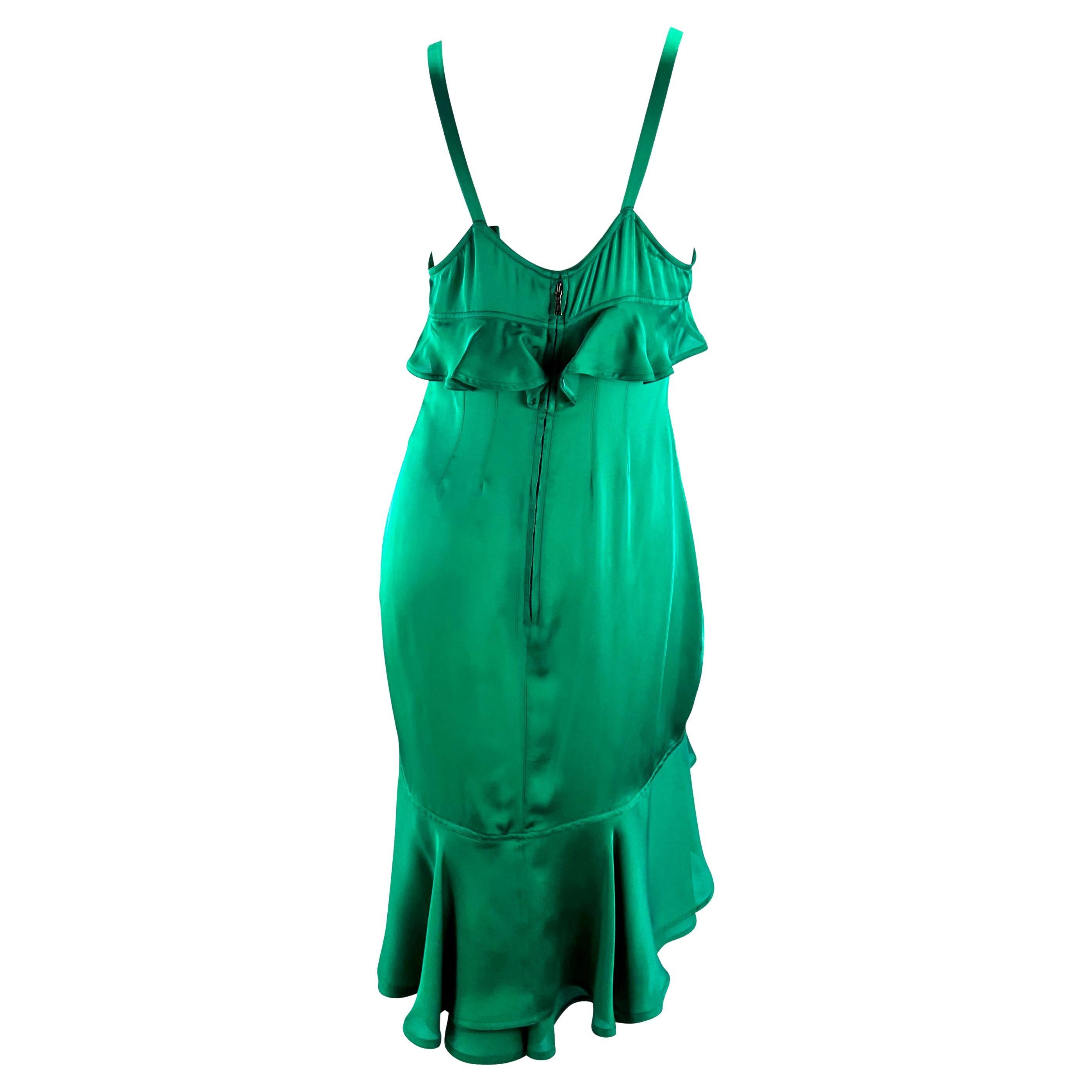 Women's F/W 2003 Yves Saint Laurent by Tom Ford Runway Emerald Green Ruffle Silk Dress For Sale