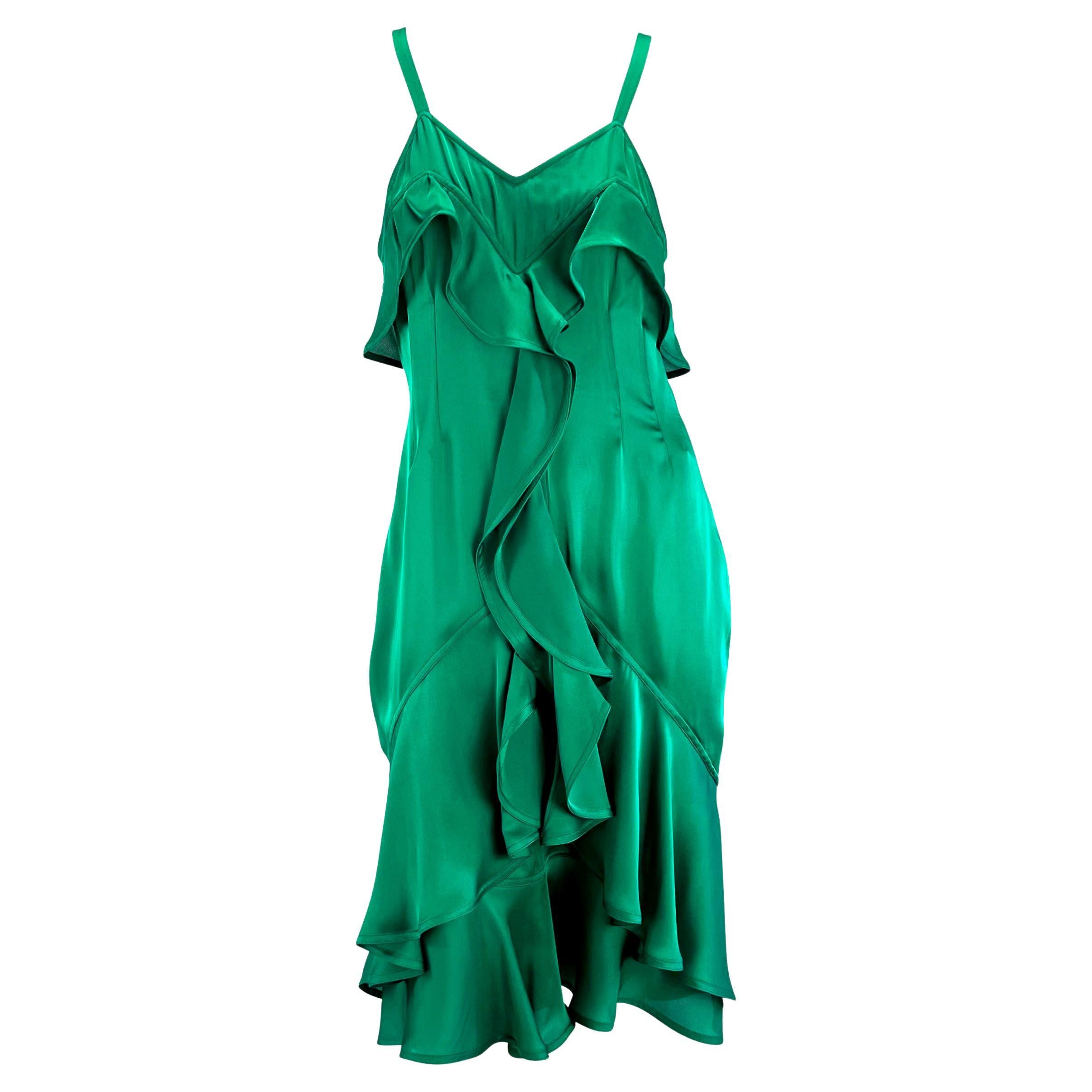 F/W 2003 Yves Saint Laurent by Tom Ford Runway Emerald Green Ruffle Silk Dress For Sale