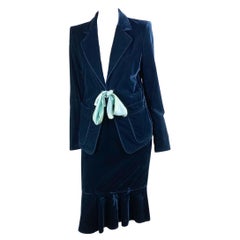 F/W 2003 Yves Saint Laurent by Tom Ford Runway Green Velvet Ribbon Skirt Suit
