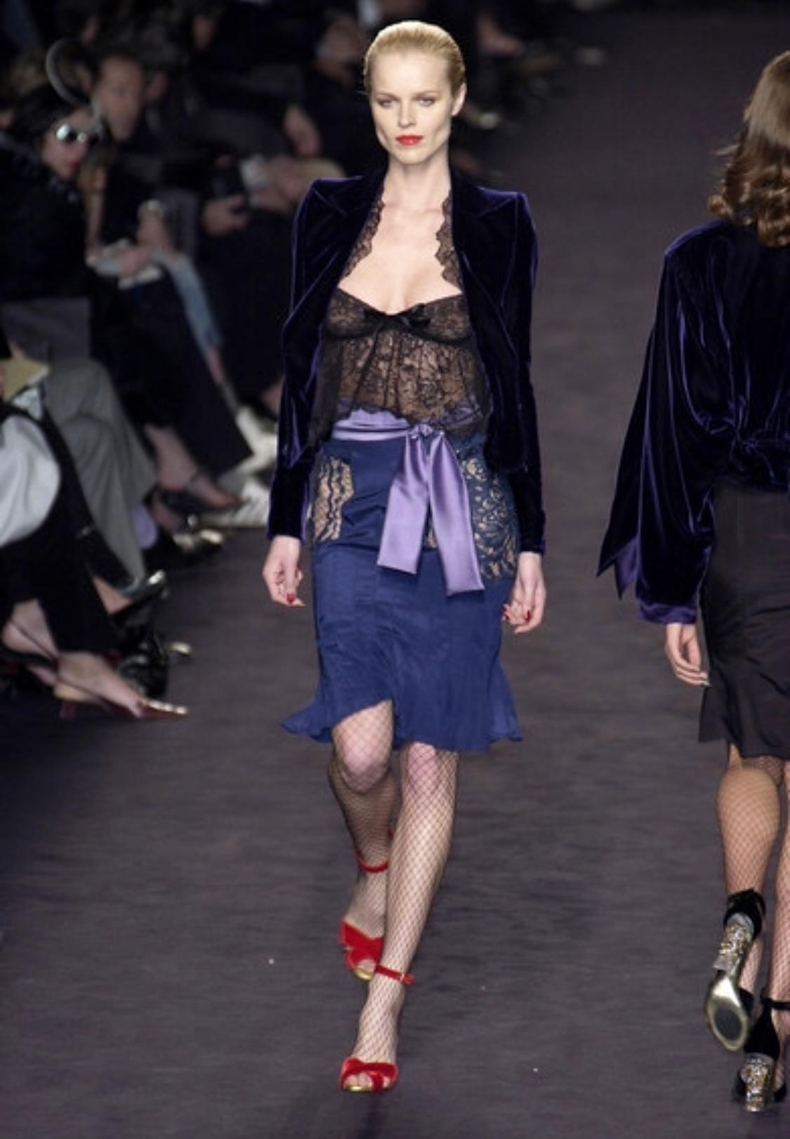 F/W 2003 Yves Saint Laurent by Tom Ford Runway Purple Satin Sheer Lace Skirt Set For Sale 2