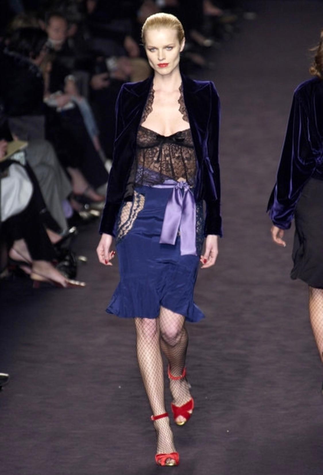 F/W 2003 Yves Saint Laurent by Tom Ford Runway Purple Satin Sheer Lace Skirt Set For Sale 4