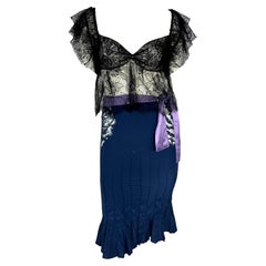 F/W 2003 Yves Saint Laurent by Tom Ford Runway Purple Satin Sheer Lace Skirt Set
