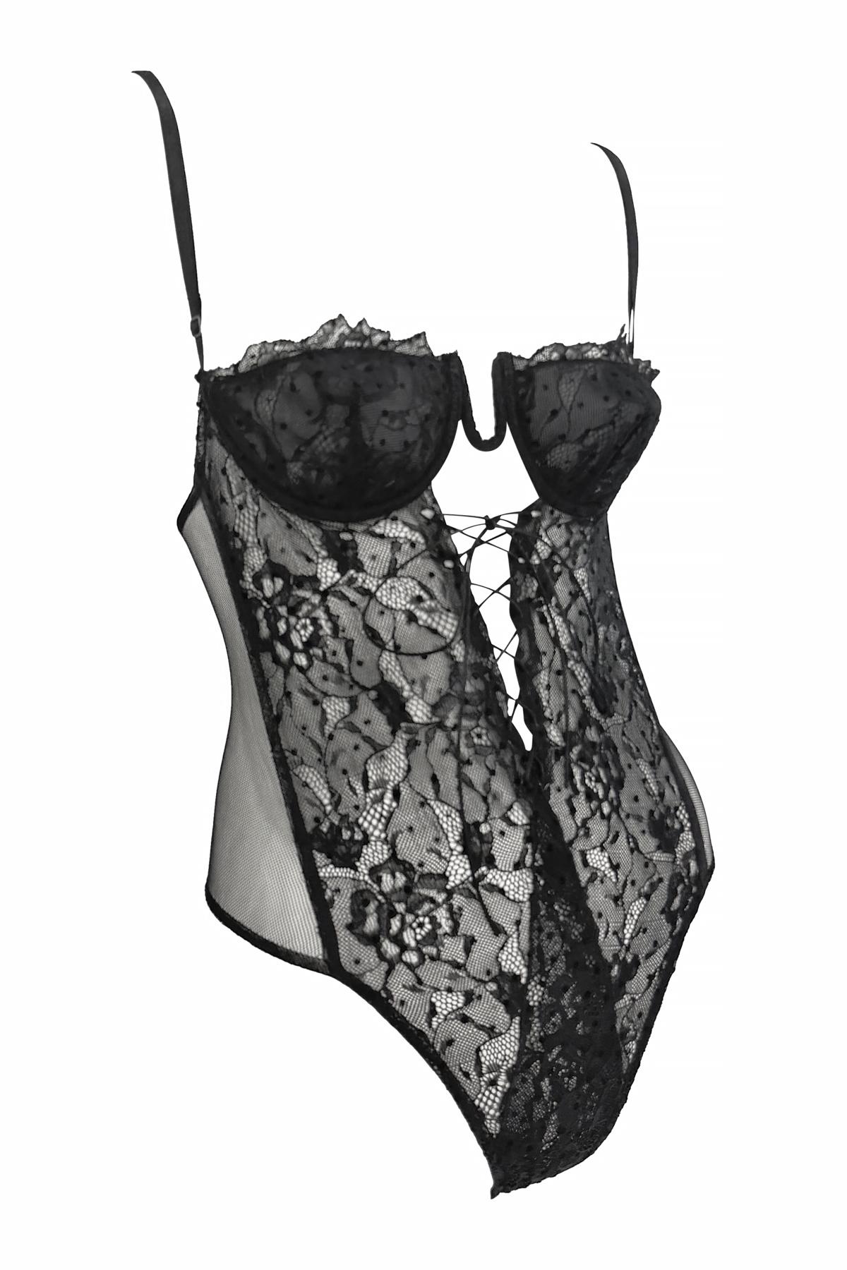 F/W 2003 Yves Saint Laurent by Tom Ford Runway Sheer Lace Polka Dot Bodysuit For Sale 4