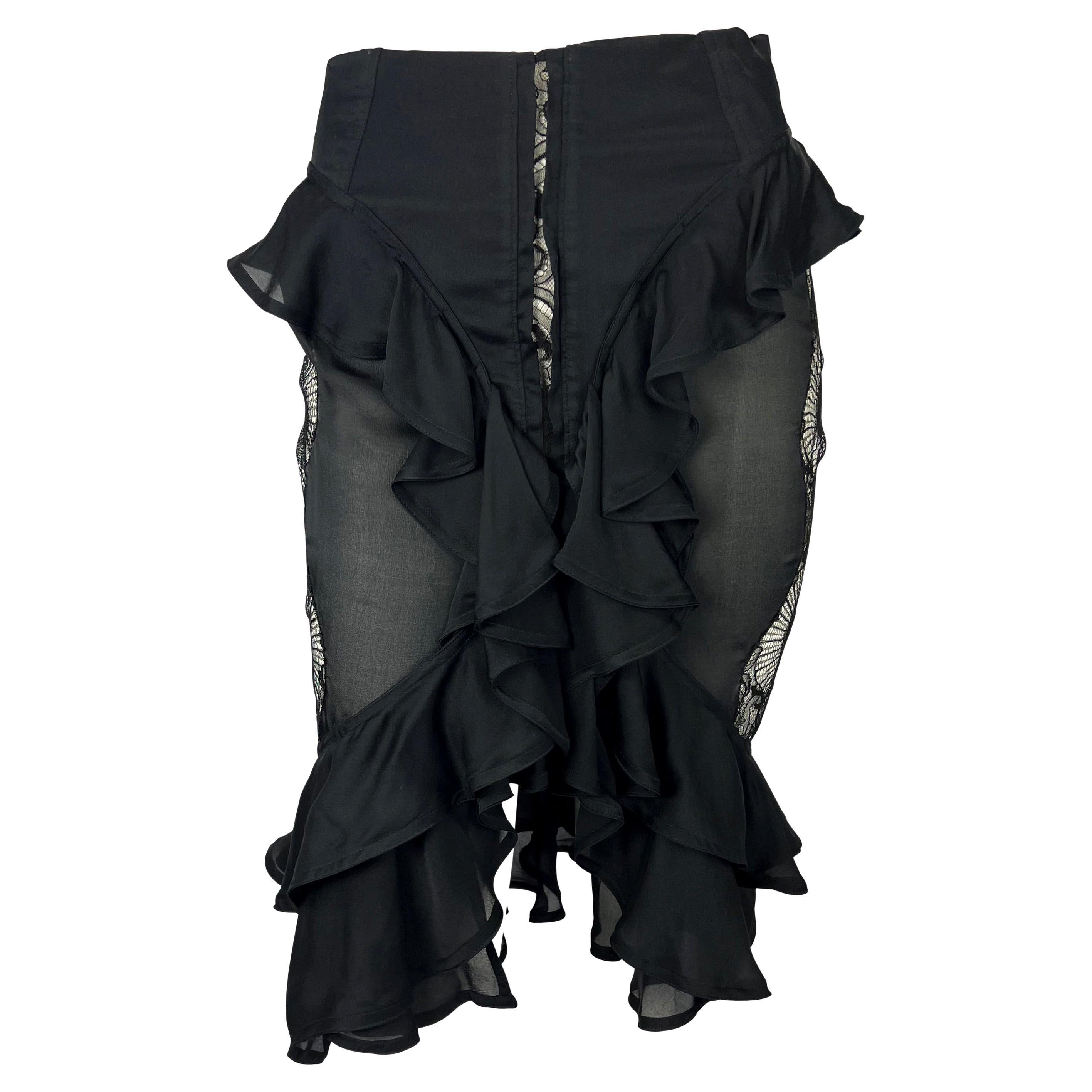 F/W 2003 Yves Saint Laurent by Tom Ford Sheer Lace Satin Ruffled Top Skirt Set For Sale 7