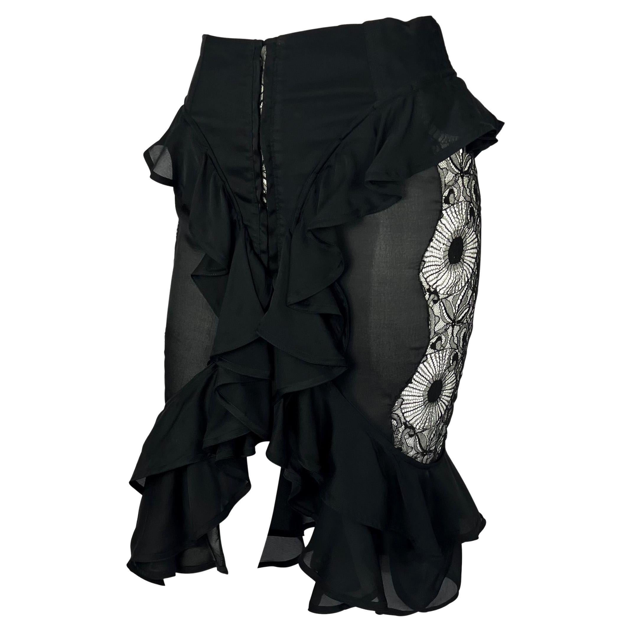 F/W 2003 Yves Saint Laurent by Tom Ford Sheer Lace Satin Ruffled Top Skirt Set For Sale 8