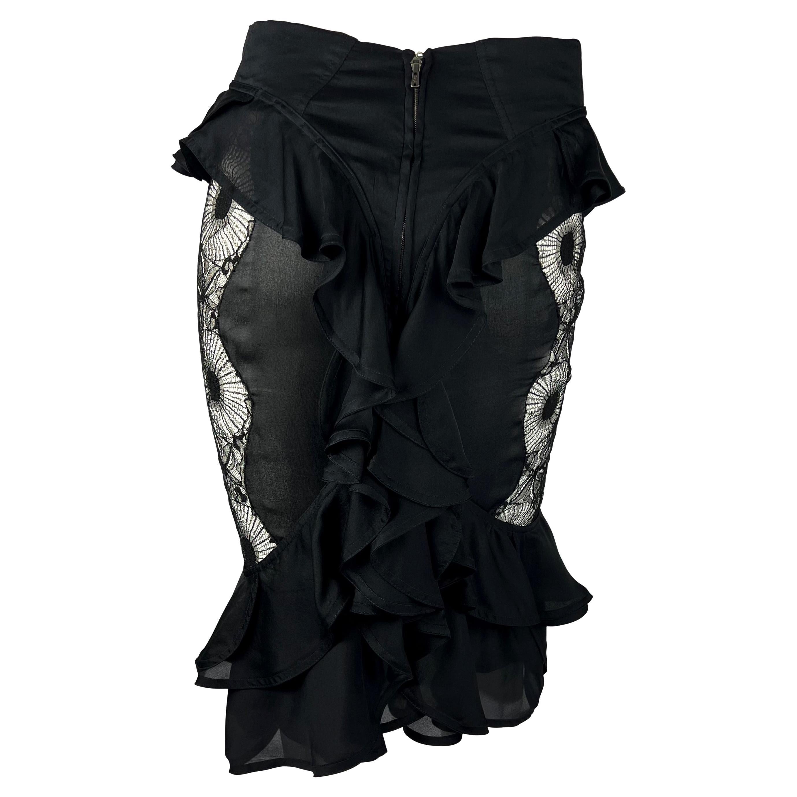 F/W 2003 Yves Saint Laurent by Tom Ford Sheer Lace Satin Ruffled Top Skirt Set For Sale 10