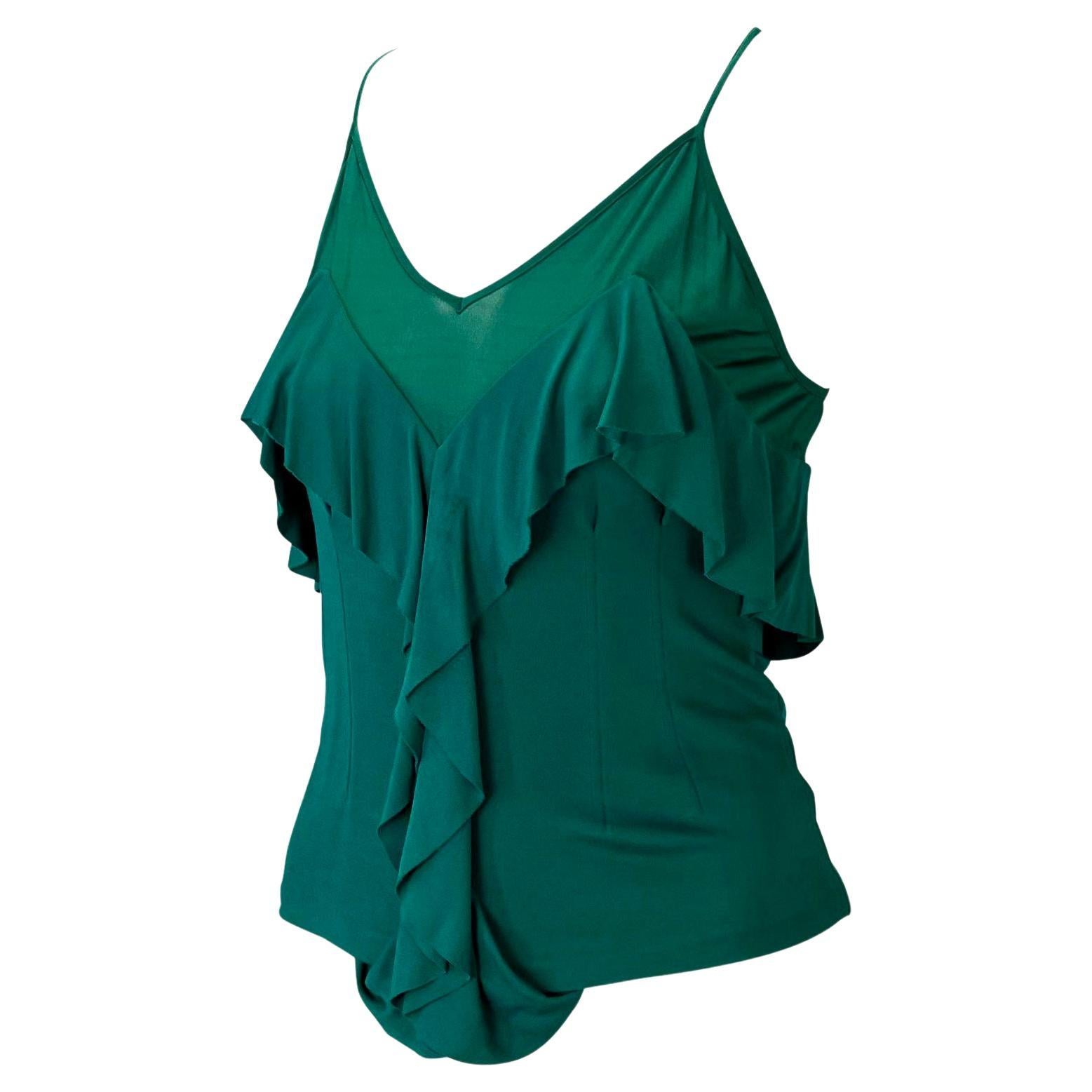 F/W 2003 Yves Saint Laurent by Tom Ford Teal Green Sheer Ruffle Tank Top In Excellent Condition For Sale In West Hollywood, CA