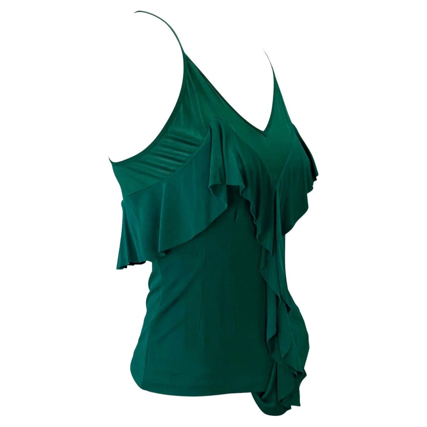 F/W 2003 Yves Saint Laurent by Tom Ford Teal Green Sheer Ruffle Tank Top For Sale 3