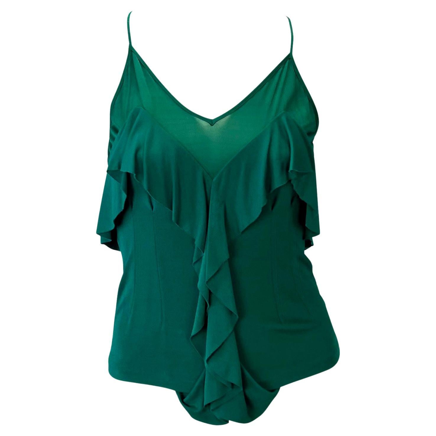 F/W 2003 Yves Saint Laurent by Tom Ford Teal Green Sheer Ruffle Tank Top For Sale