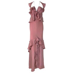 F/W 2003 Yves Saint Laurent Tom Ford Dusty Rose Pink Silk Ruffle Gown Dress