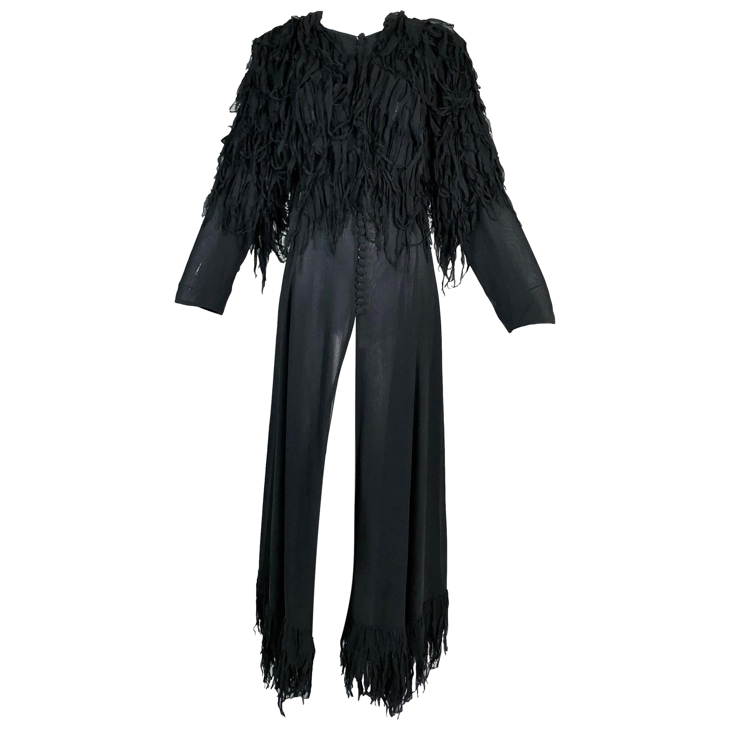 F/W 2003 Yves Saint Laurent Tom Ford Runway Sheer Black Silk Fringe Coat Dress