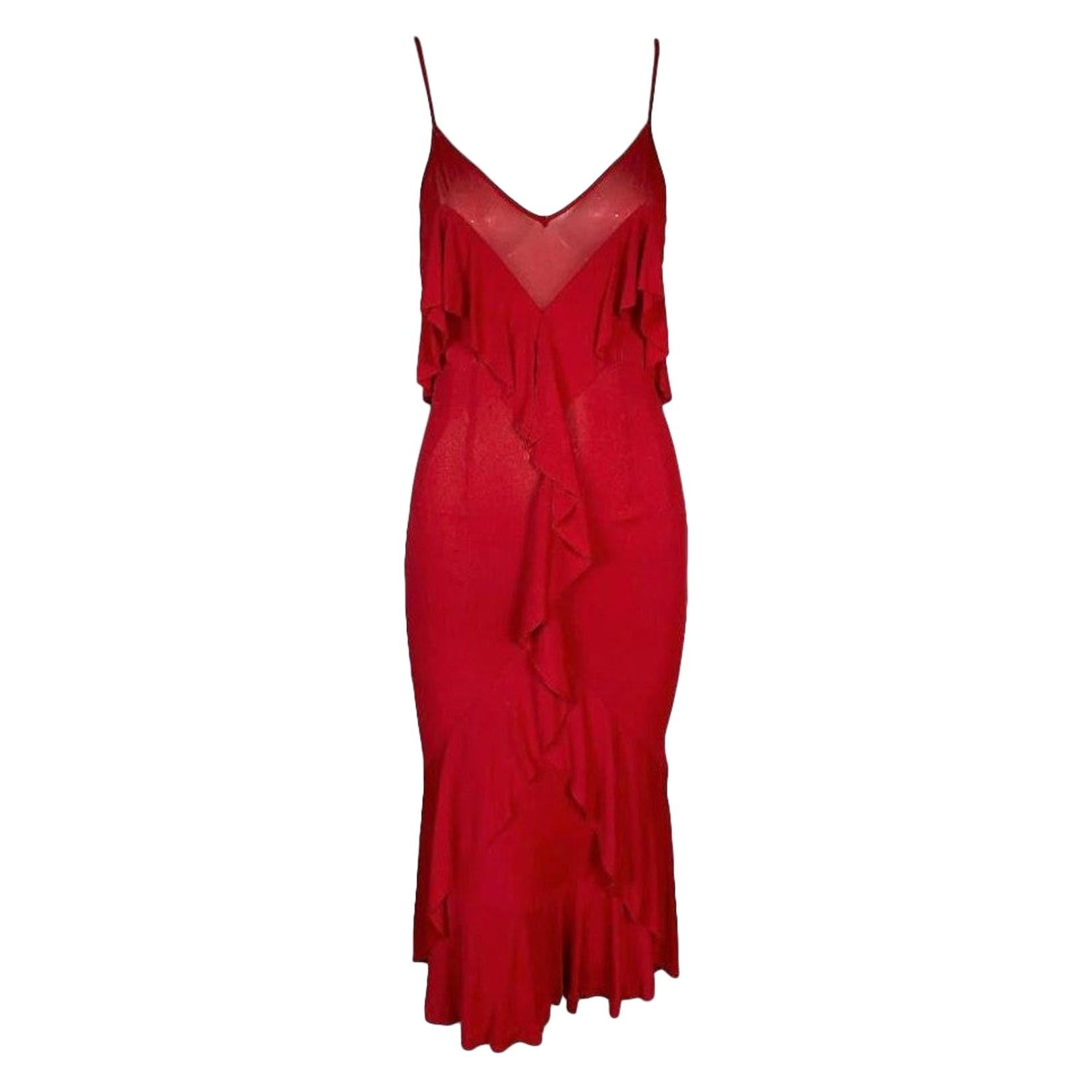 F/W 2003 Yves Saint Laurent Tom Ford Sheer Red Plunging Ruffle Dress L