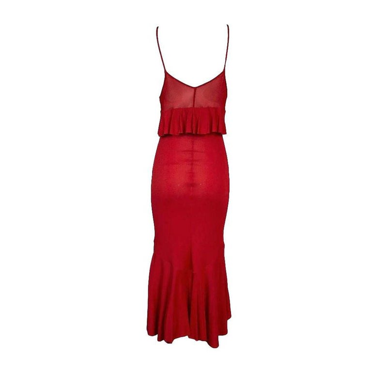 F/W 2003 Yves Saint Laurent Tom Ford Sheer Red Plunging Ruffles Dress ...
