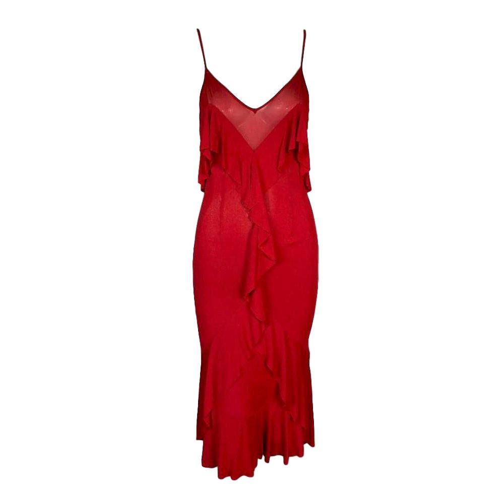 F/W 2003 Yves Saint Laurent Tom Ford Sheer Red Plunging Ruffles Dress