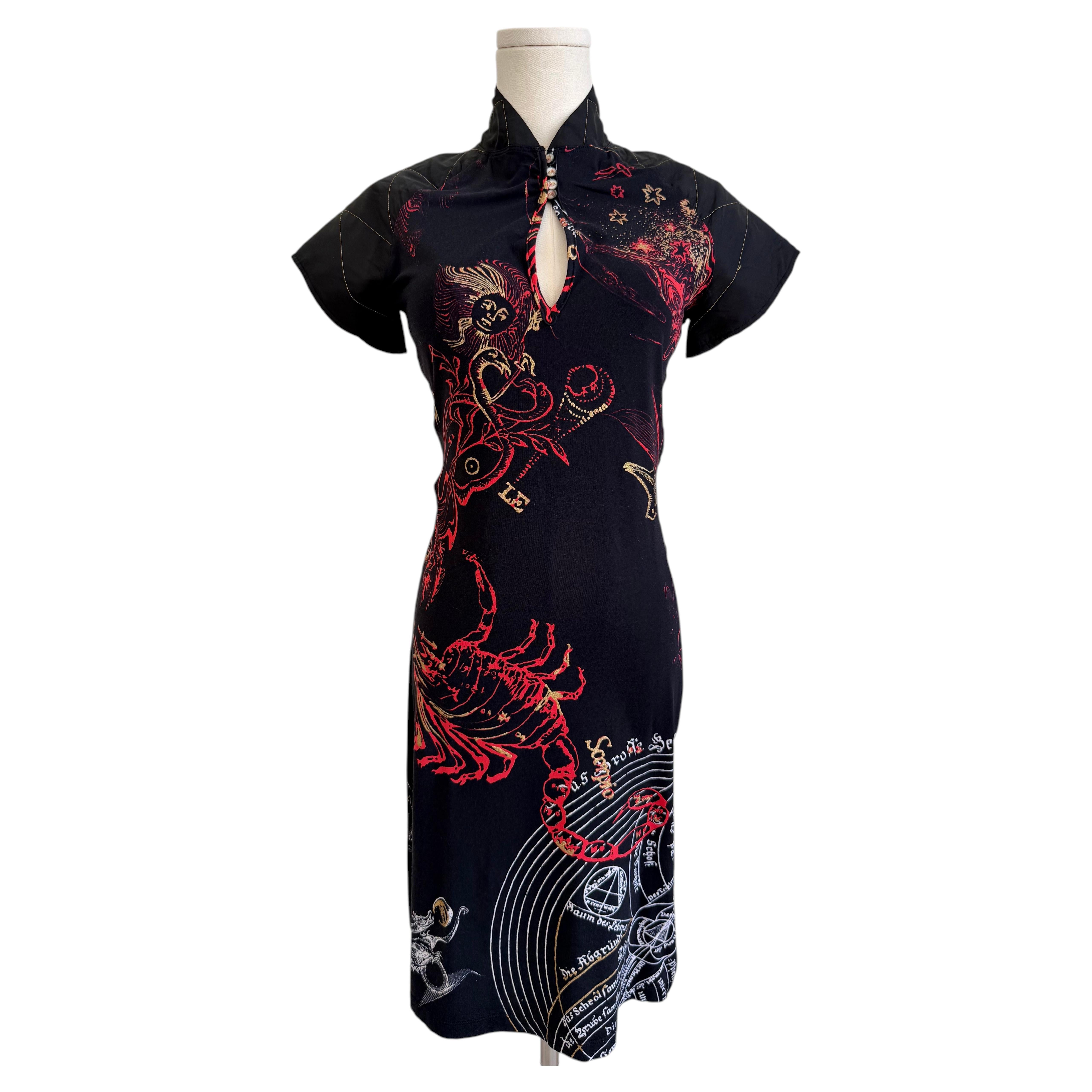 Roberto Cavalli 2003 Women's Zodiac Print Mini Dress Black Gold Silk