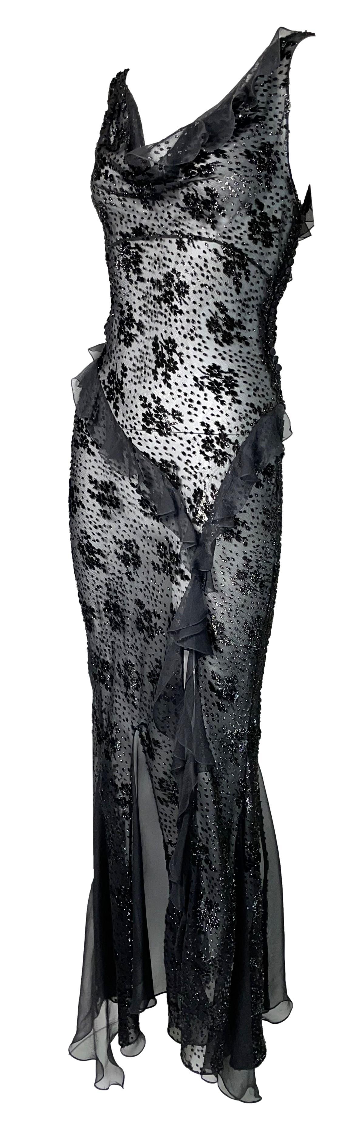 Women's F/W 2004 Christian Dior by John Galliano Black Glitter Sheer Floral Maxi Dress