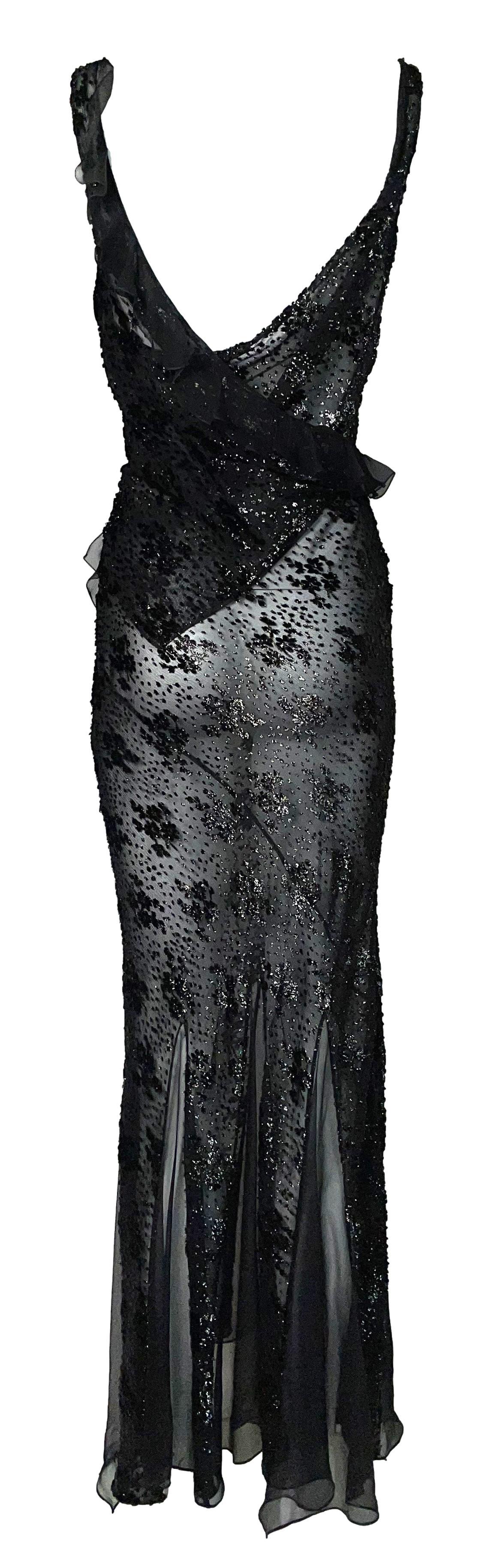 F/W 2004 Christian Dior by John Galliano Black Glitter Sheer Floral Maxi Dress 1