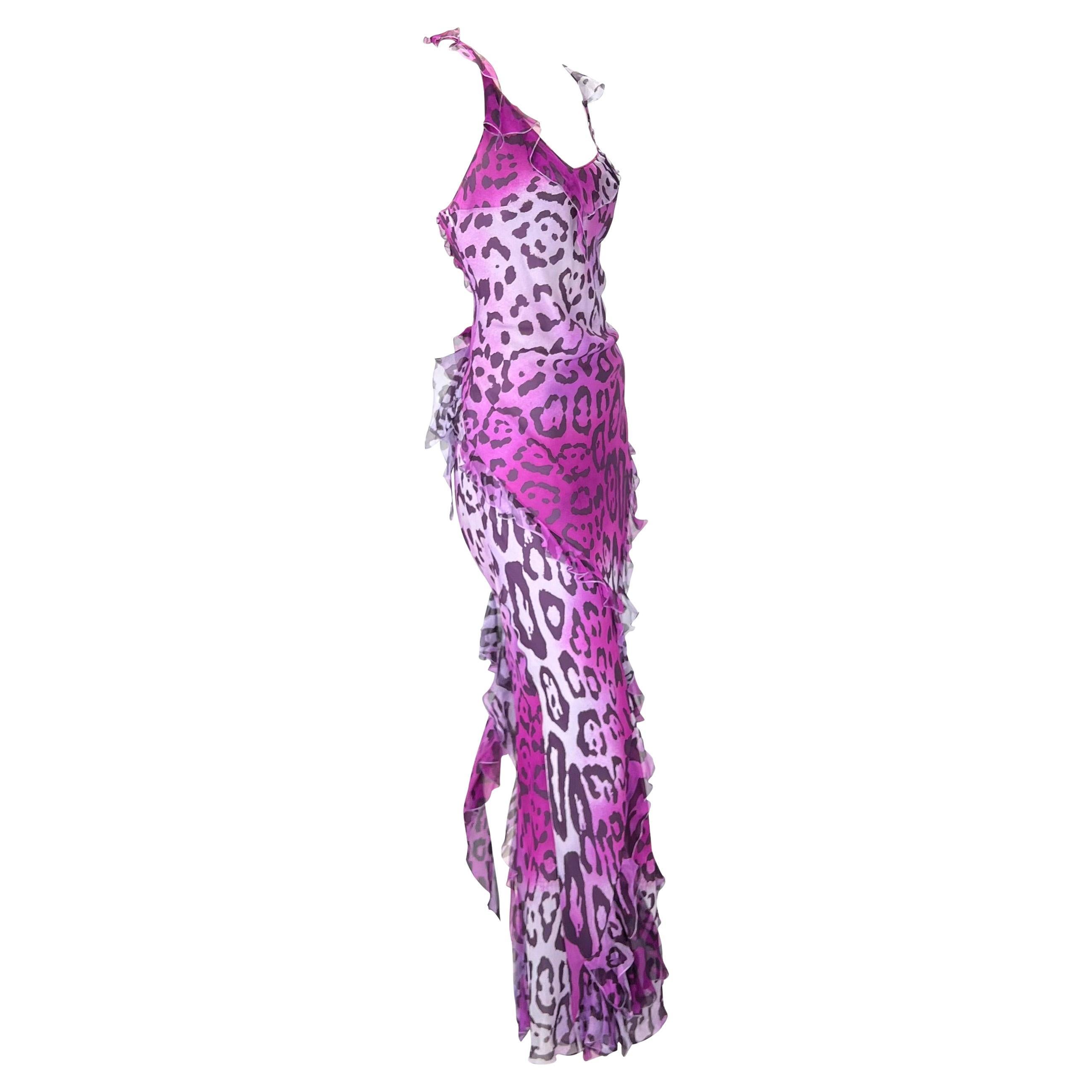 F/W 2004 Christian Dior by John Galliano Purple Cheetah Print Silk Ruffle Gown 3