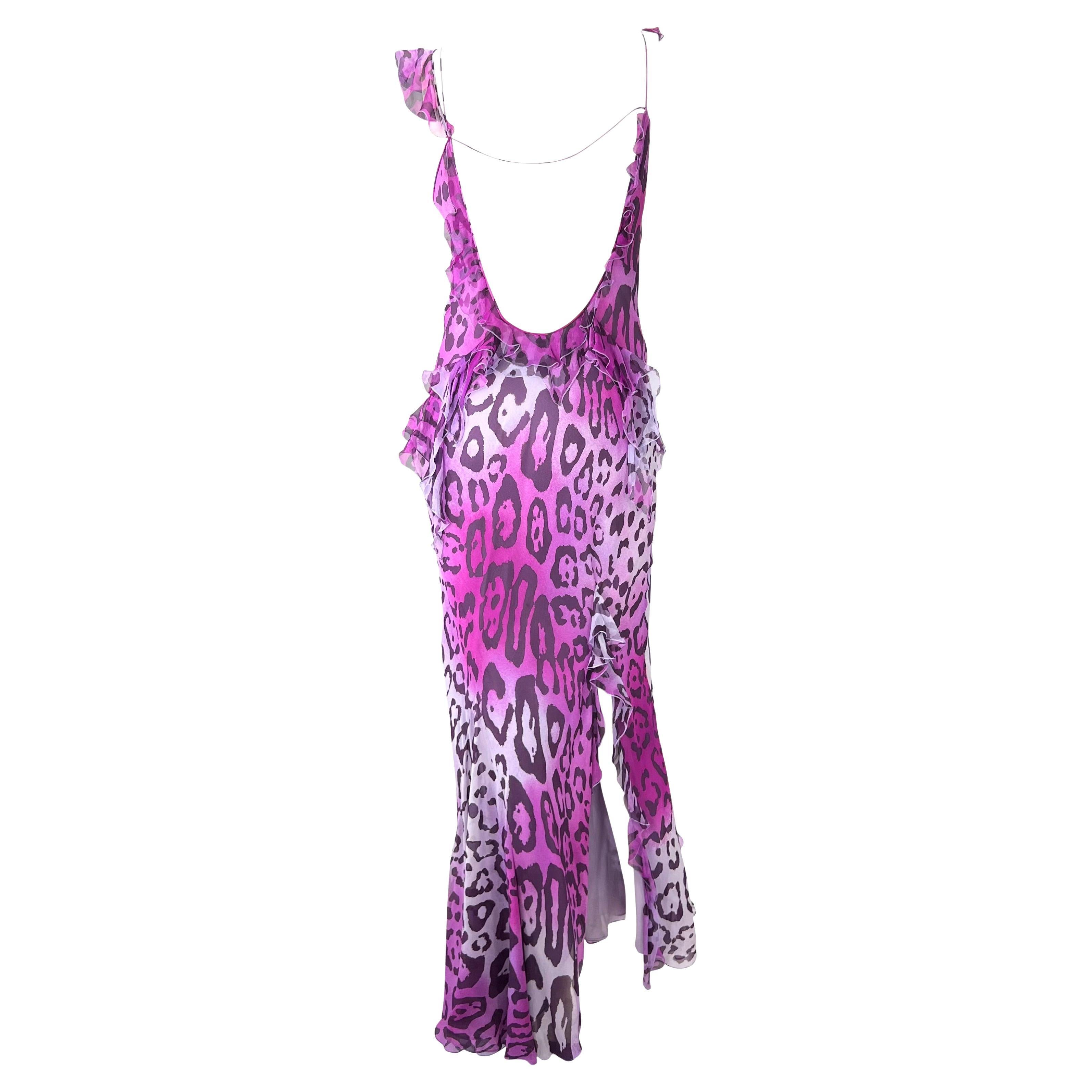 Women's F/W 2004 Christian Dior by John Galliano Purple Cheetah Print Silk Ruffle Gown