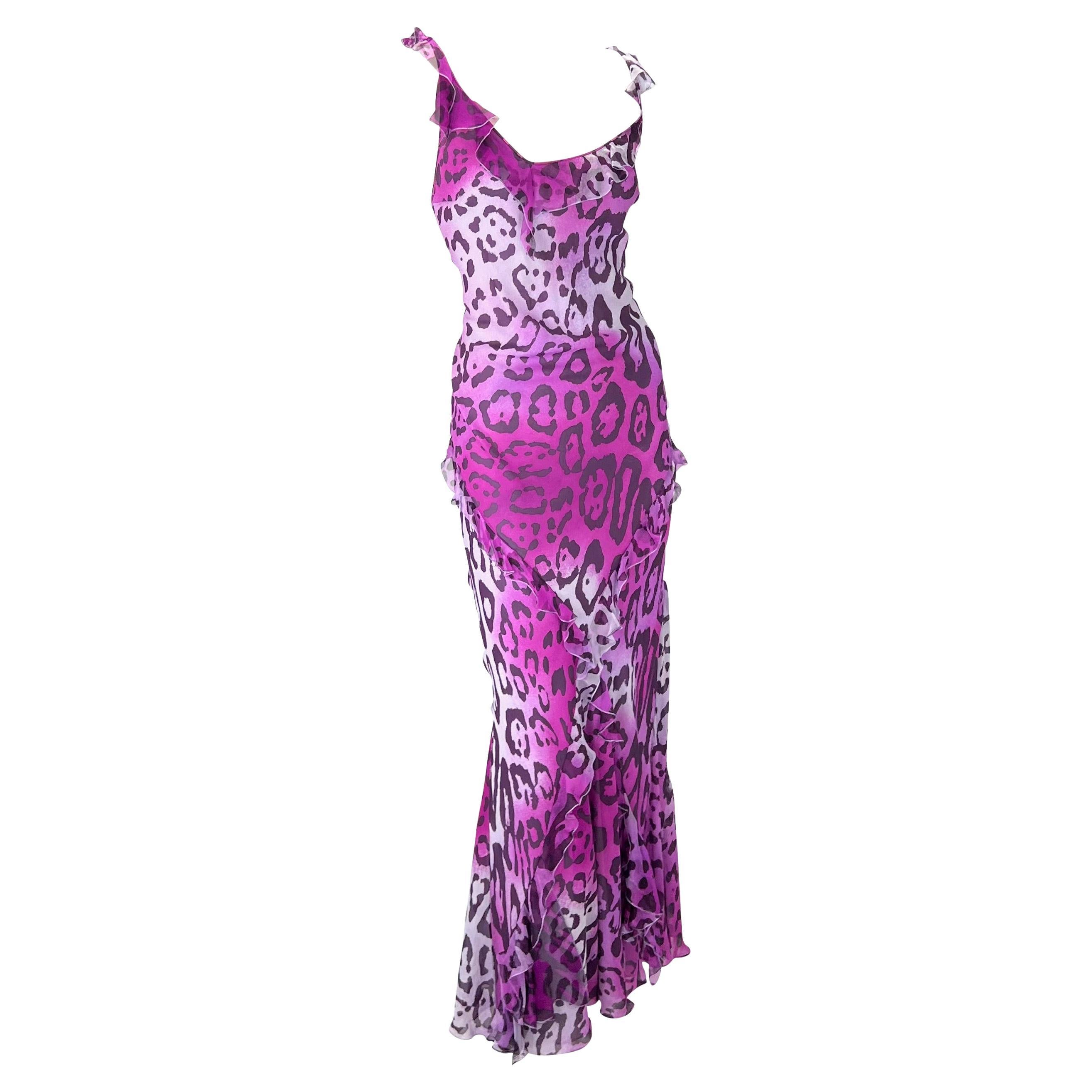 F/W 2004 Christian Dior by John Galliano Purple Cheetah Print Silk Ruffle Gown 2