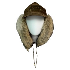 F/W 2004 Christian Dior John Galliano Gold Logo Leather Coyote Fur Flight Hat