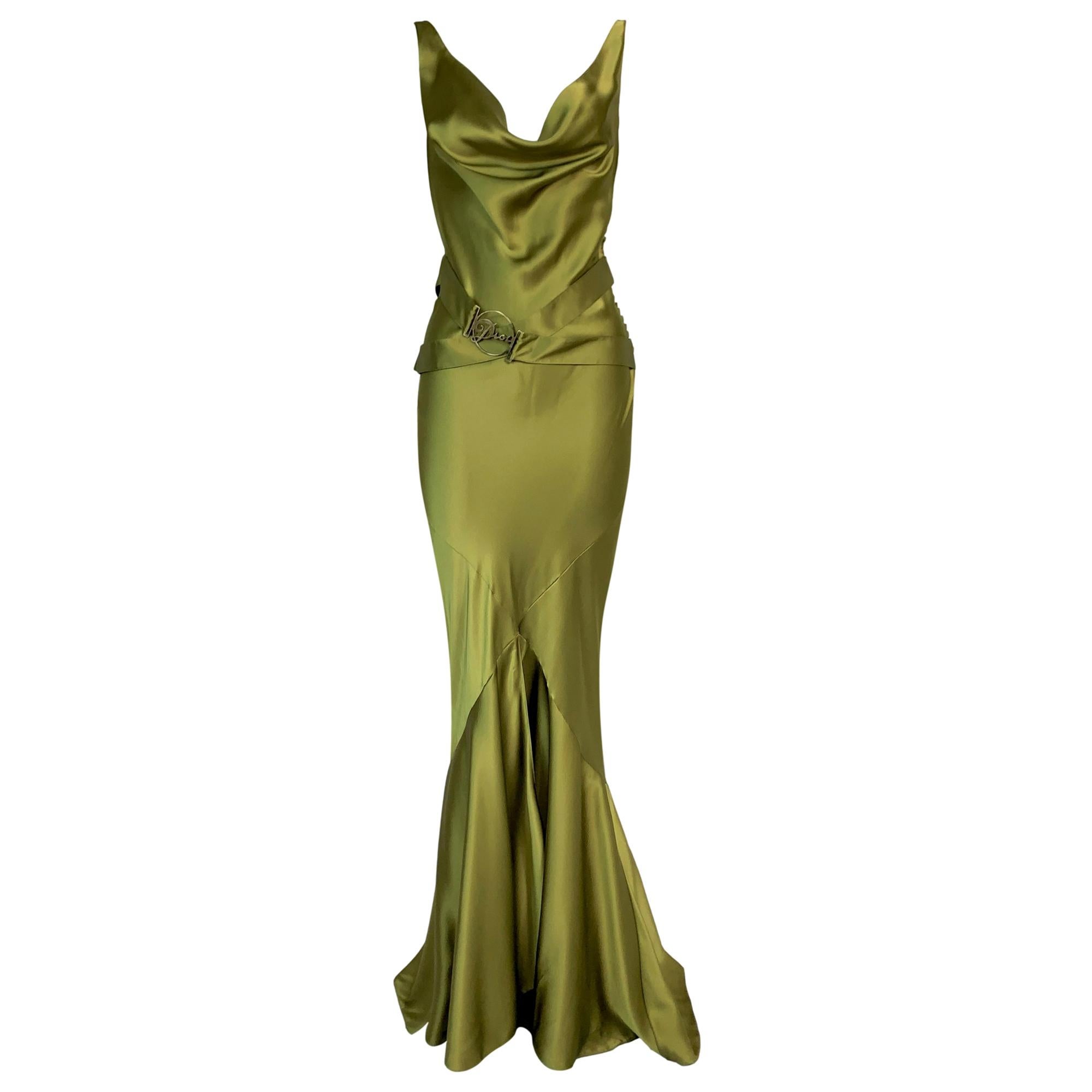 F/W 2004 Christian Dior John Galliano Green Satin Gown Dress w Logo Belt