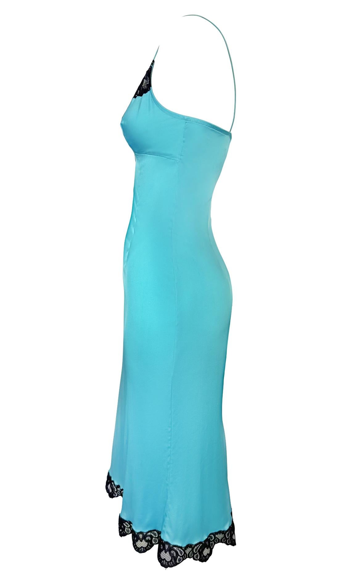 F/W 2004 Dolce & Gabbana Black Lace Trim Light Blue Satin Slip Mini Dress In Excellent Condition For Sale In West Hollywood, CA